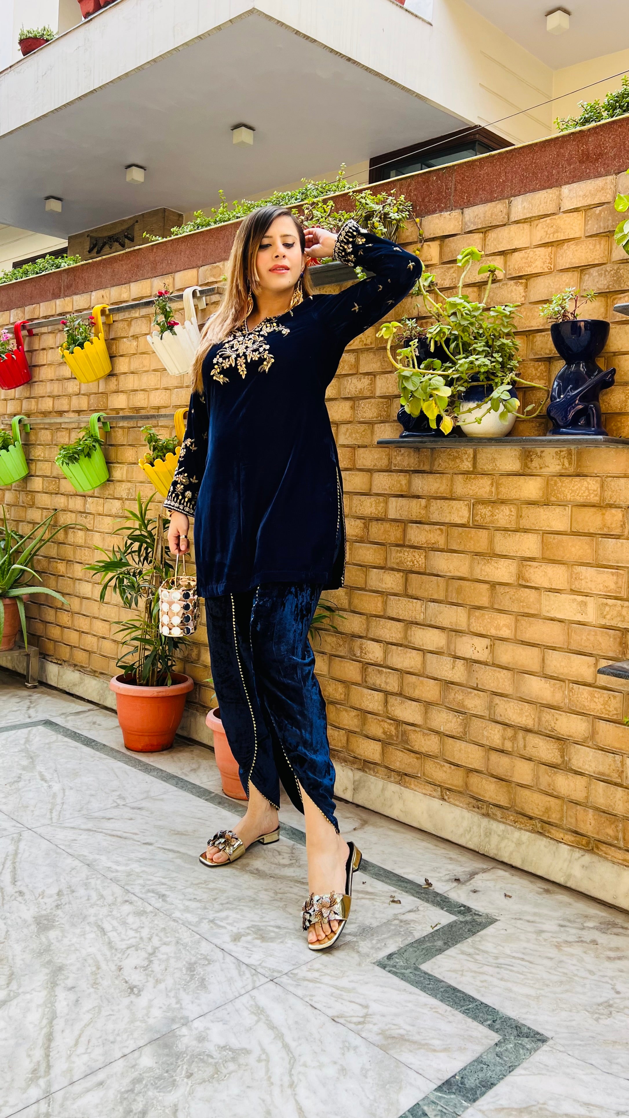 Blue Velvet Dhoti Co-Ord