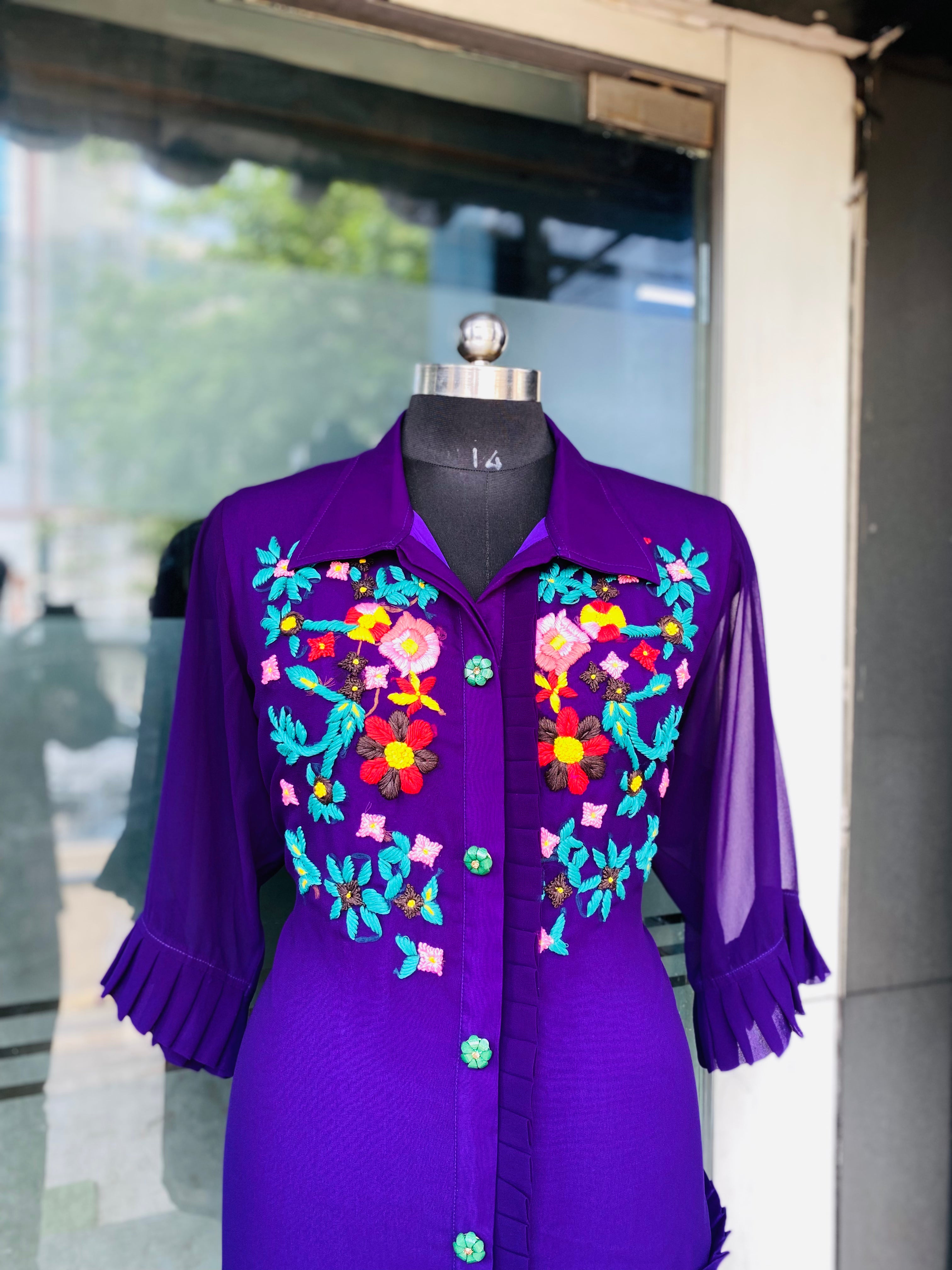 Purple Hand Embroidery Long Shirt