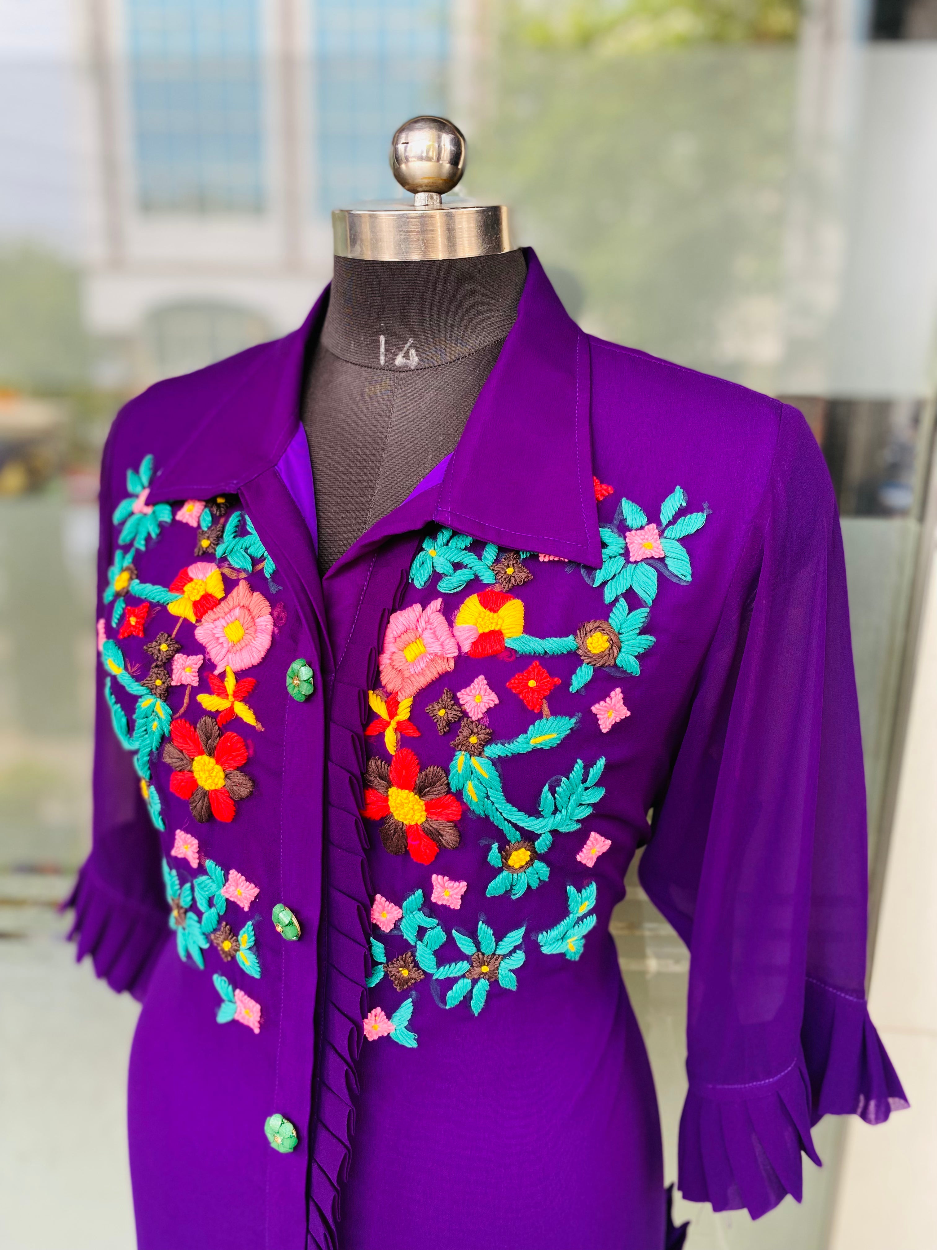 Purple Hand Embroidery Long Shirt