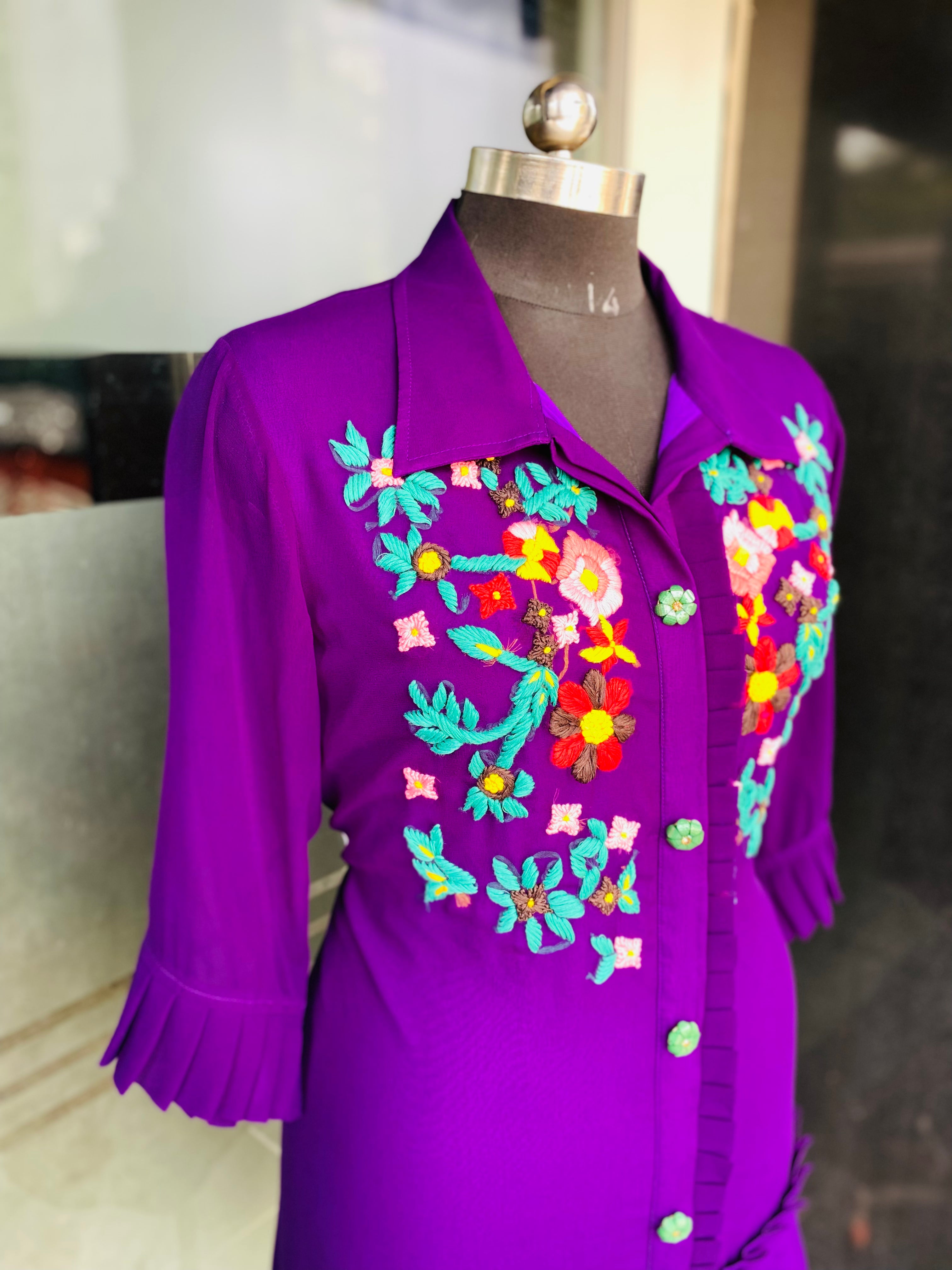 Purple Hand Embroidery Long Shirt