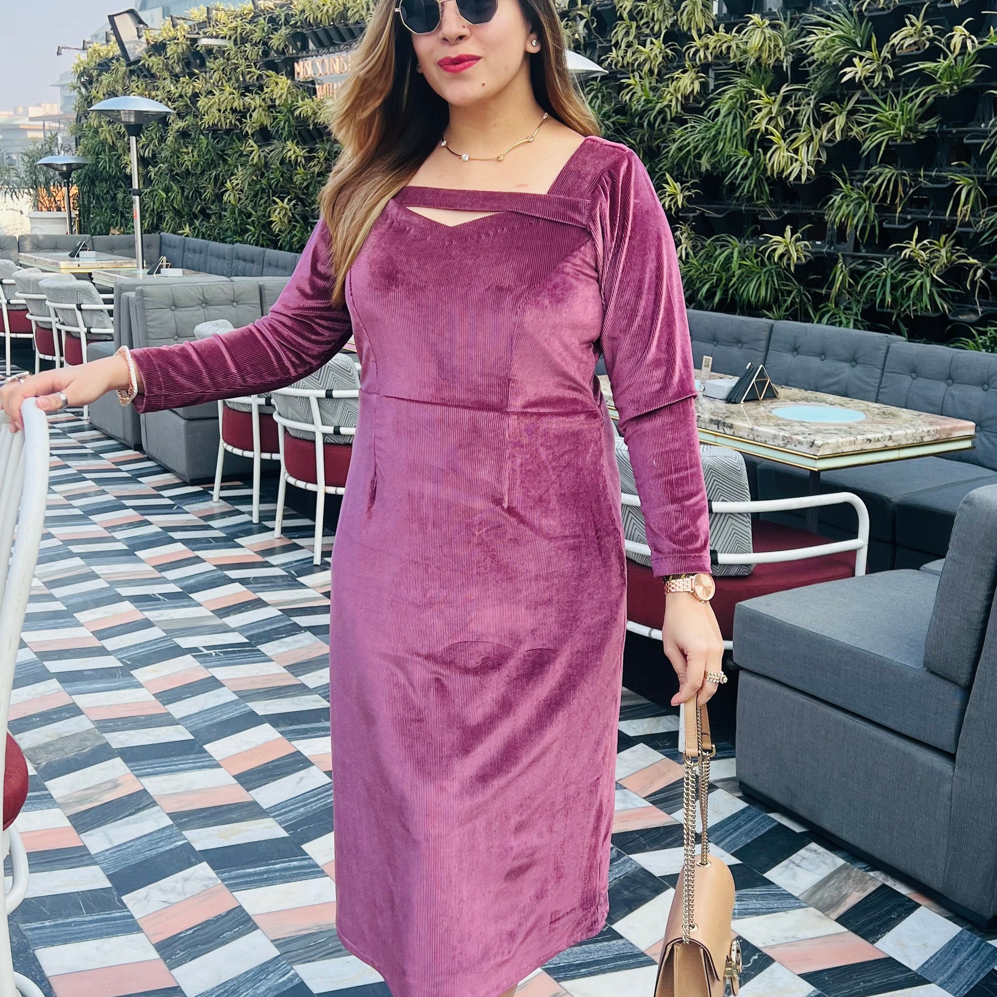 Mulberry Shade Velvet Ribbed Midi