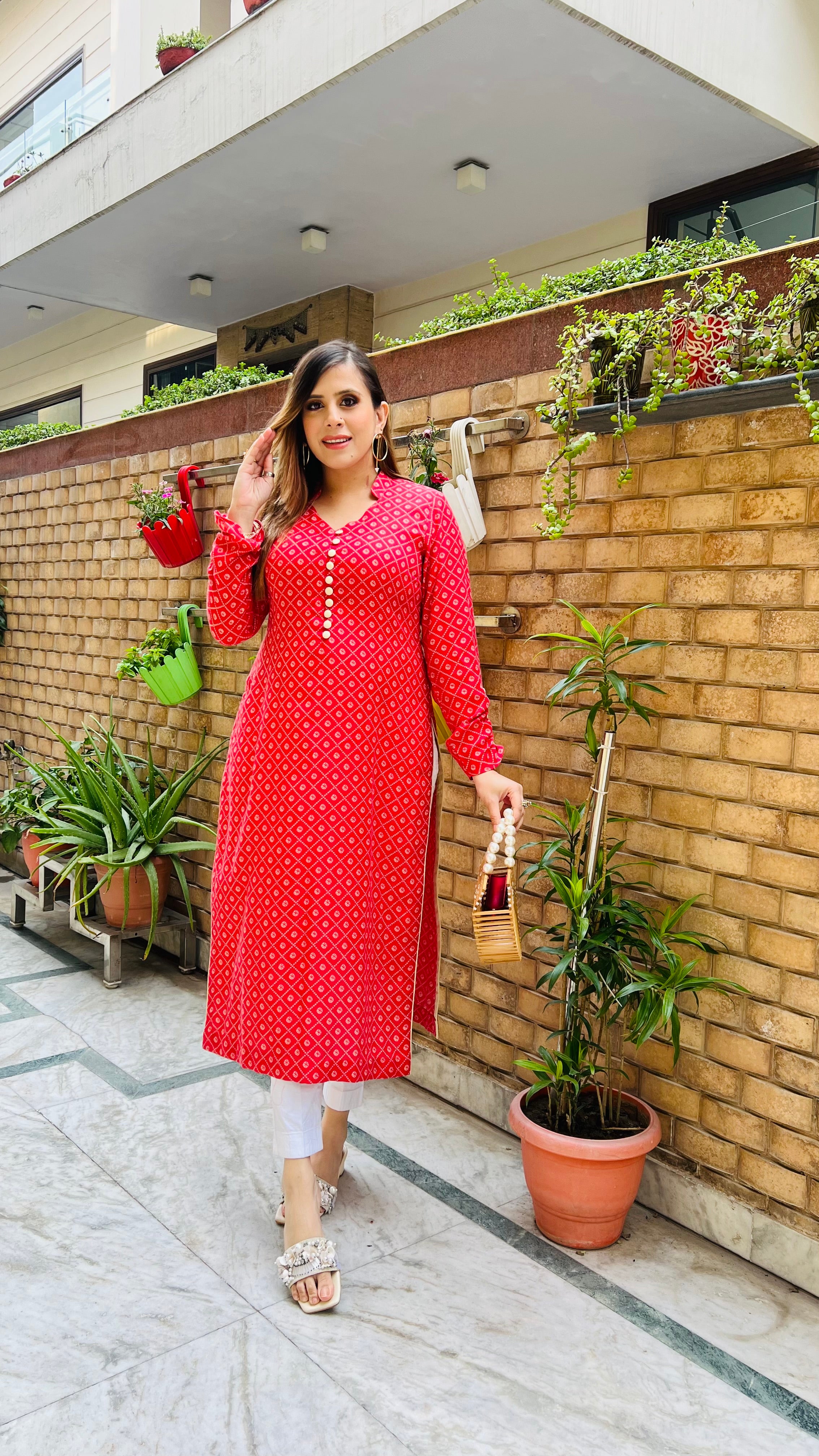 Coral Red Bandhini Kurti