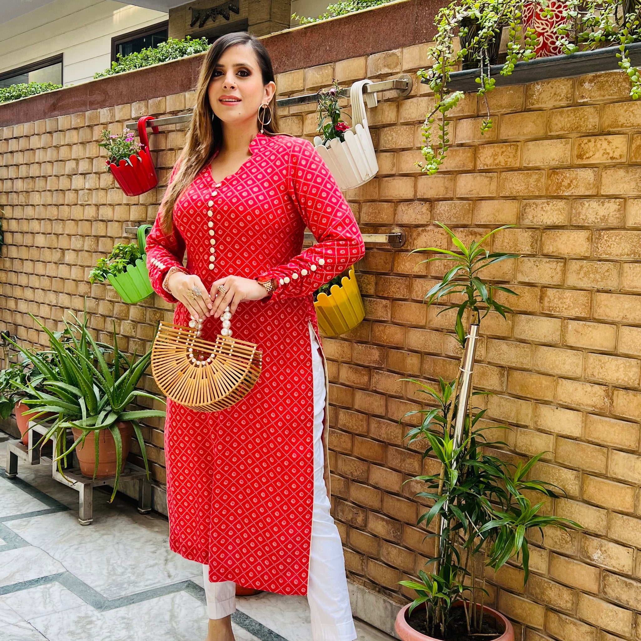 Coral Red Bandhini Kurti