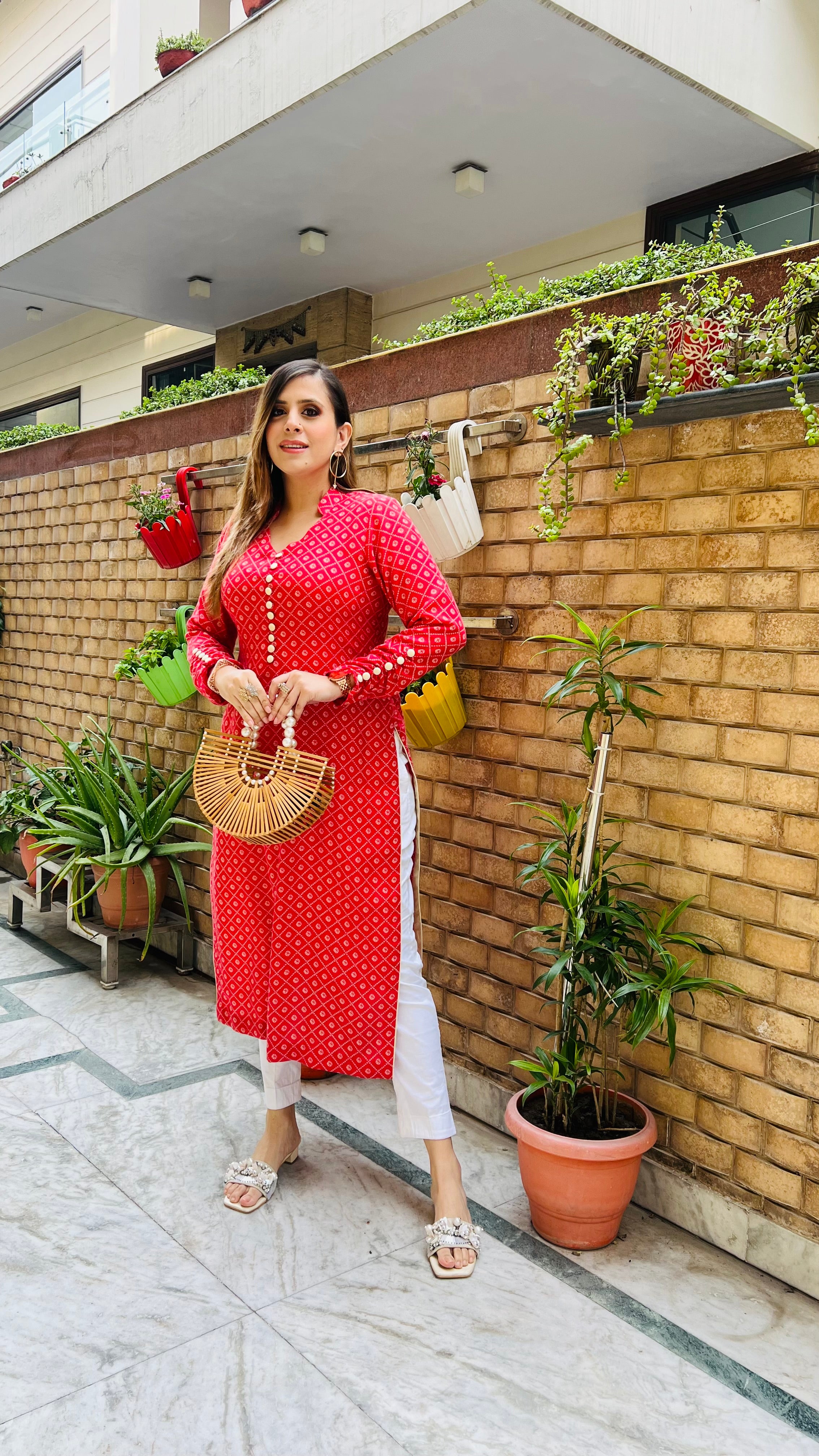 Coral Red Bandhini Kurti