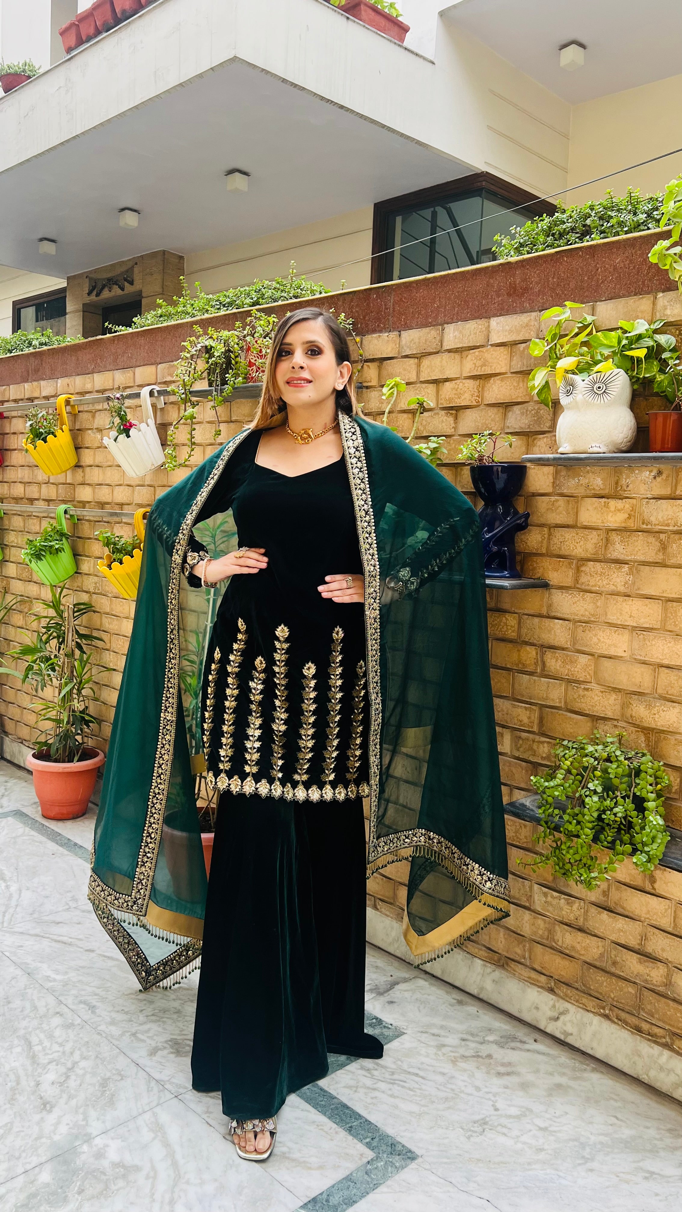 Green Velvet Garara Suit