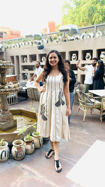 Beige Bird Midi Dress