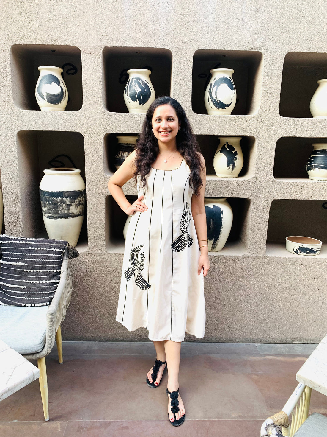 Beige Bird Midi Dress
