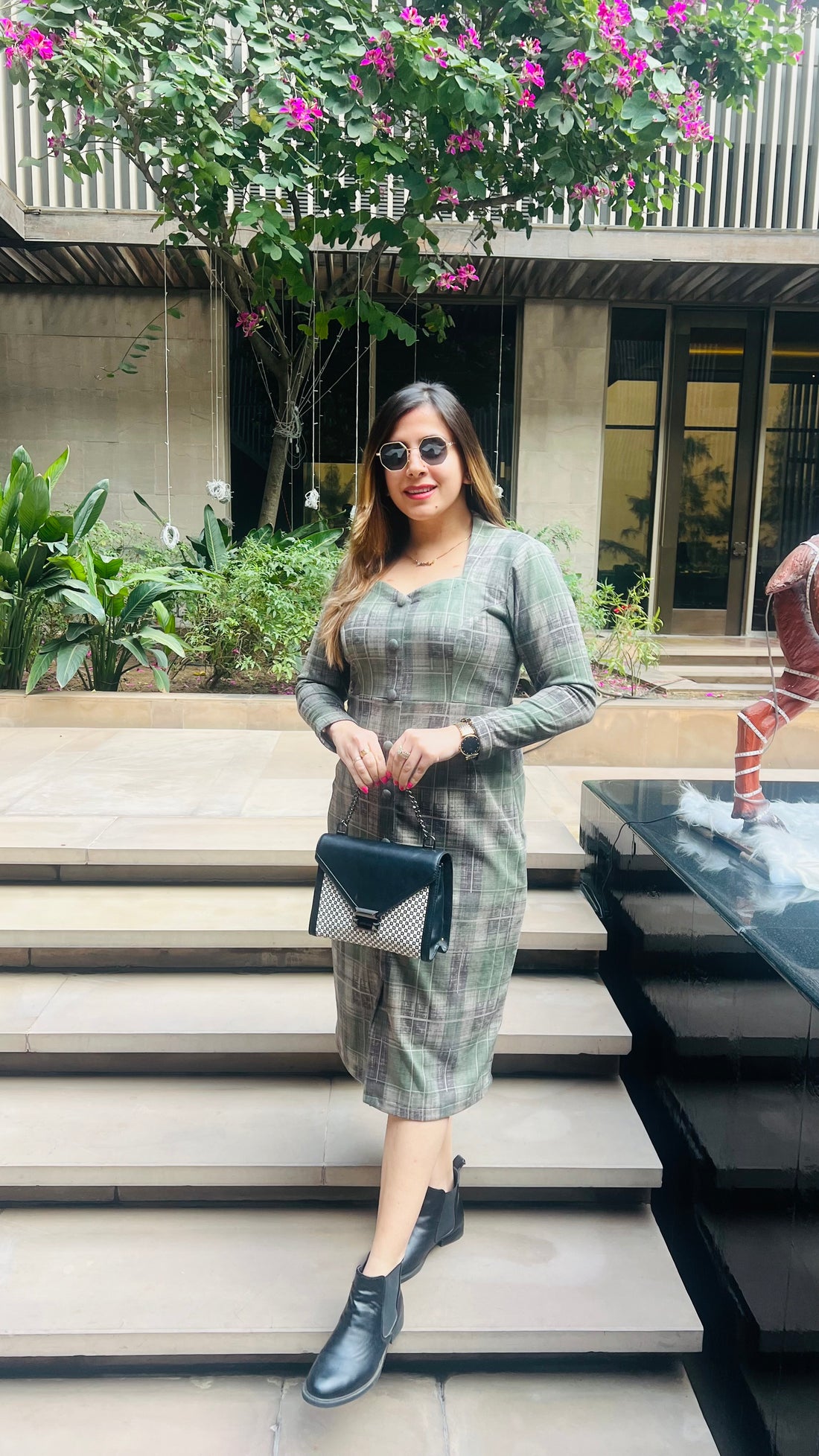 Green Checks Suede Midi Dress