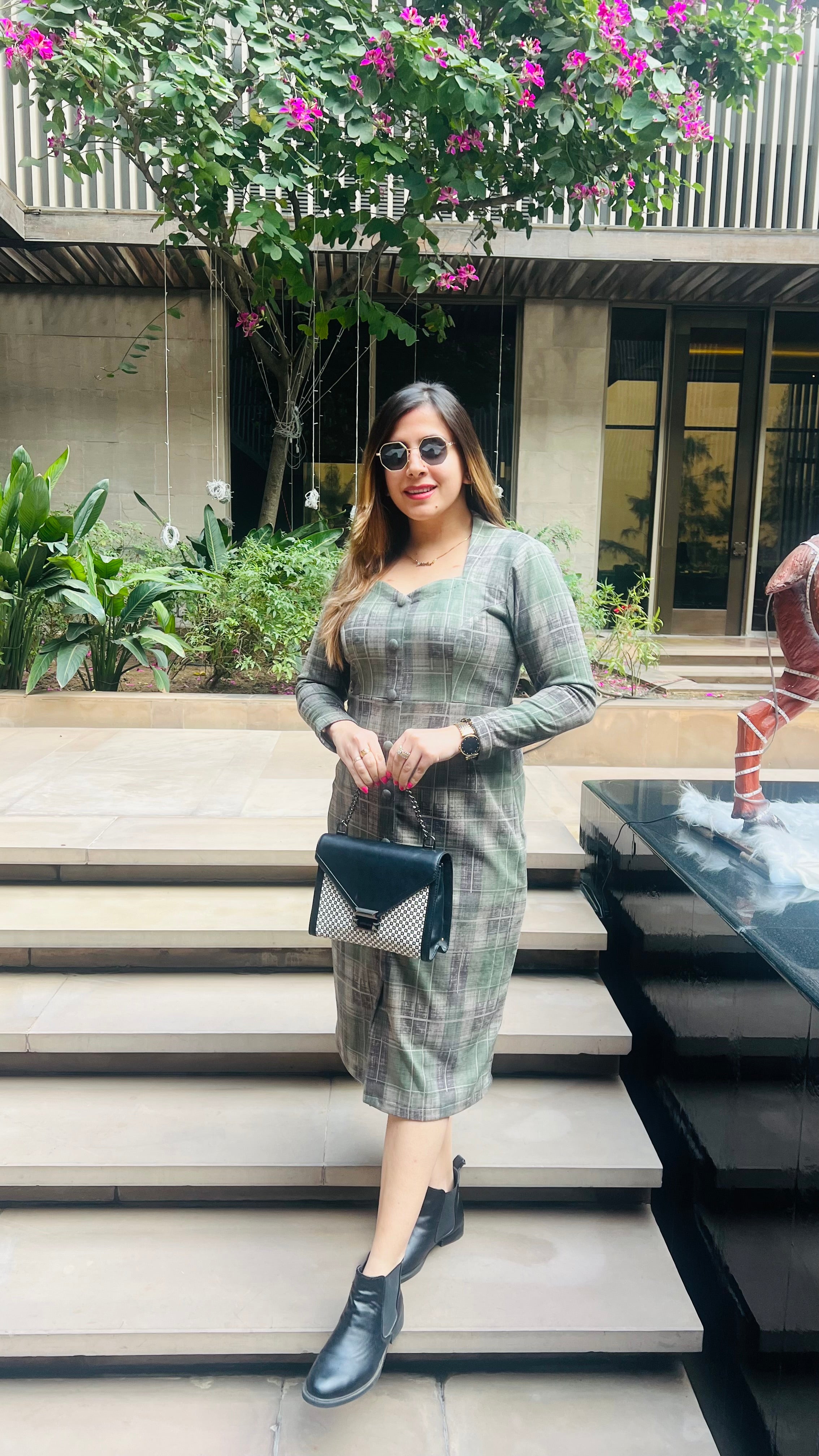 Green Checks Suede Midi Dress