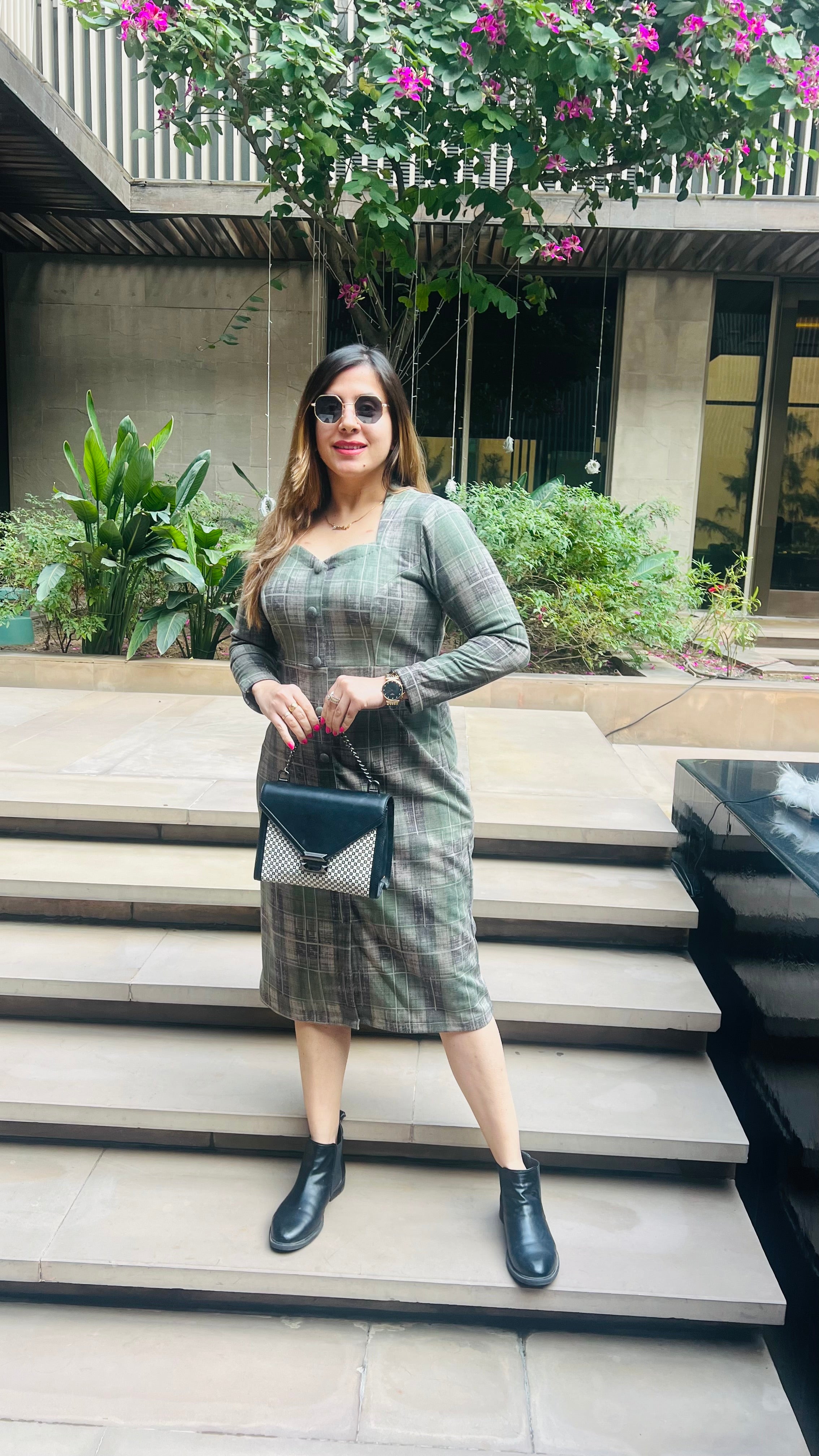 Green Checks Suede Midi Dress