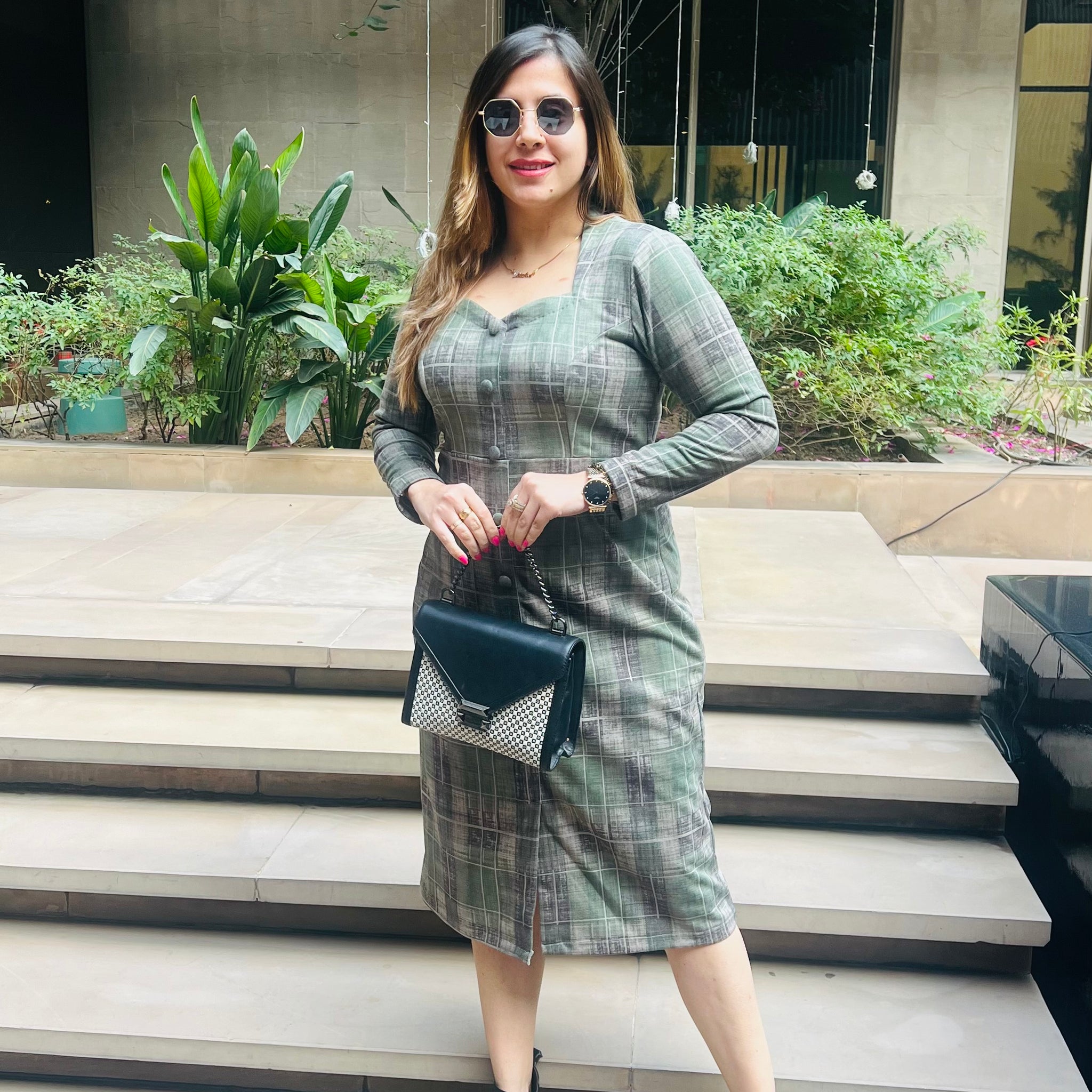 Green Checks Suede Midi Dress