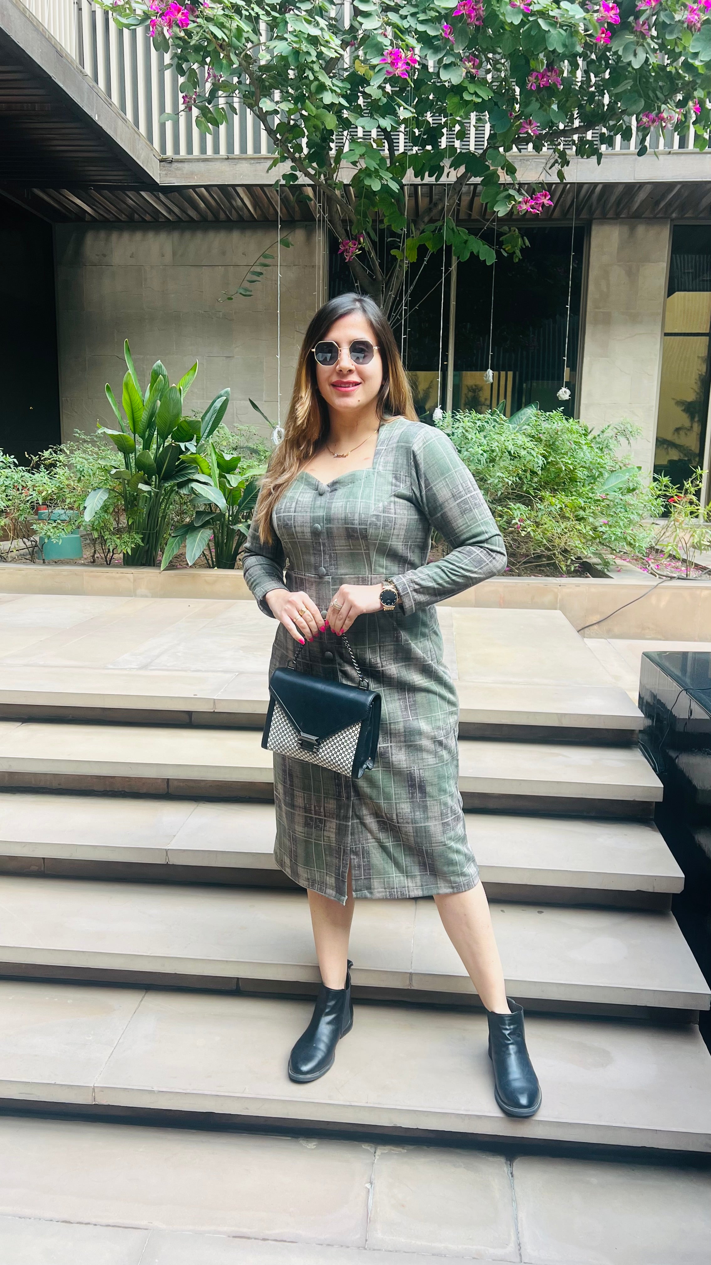 Green Checks Suede Midi Dress