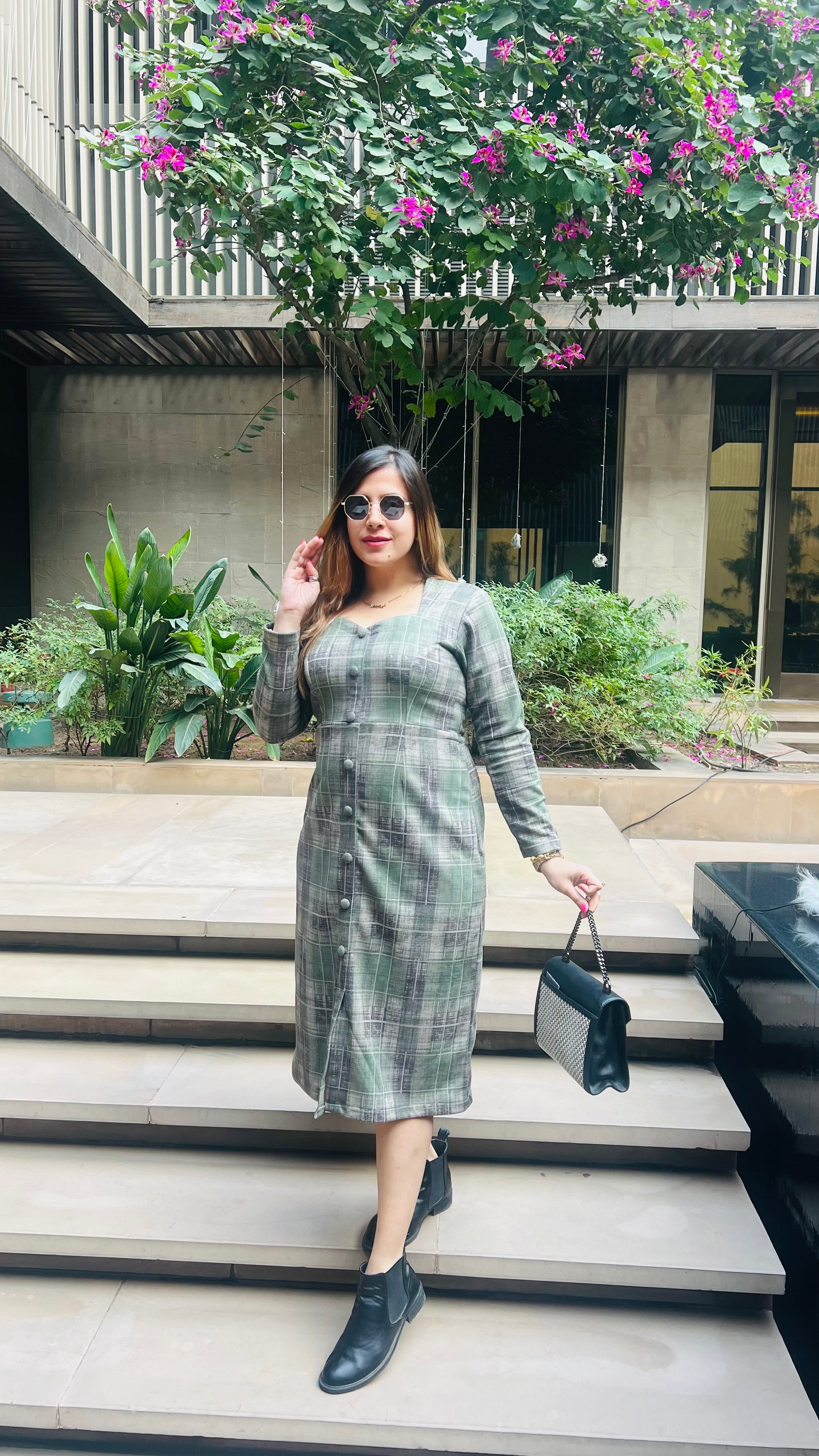 Green Checks Suede Midi Dress