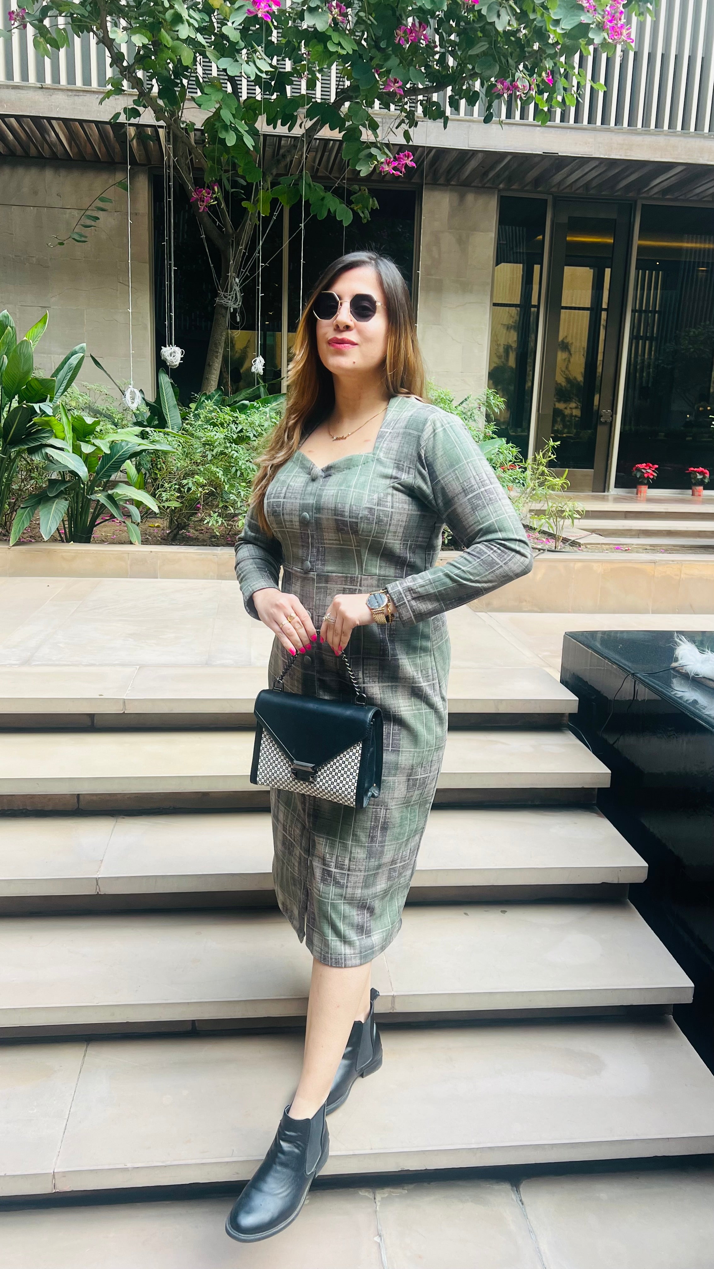 Green Checks Suede Midi Dress