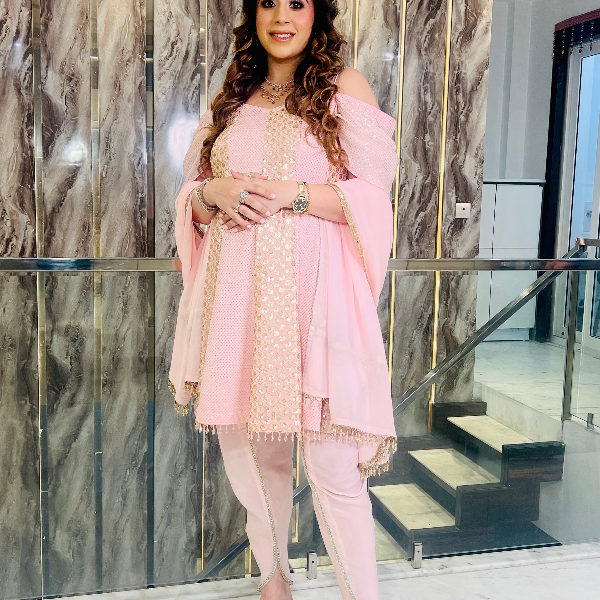 Vaishvi’s Pink Sequin Suit