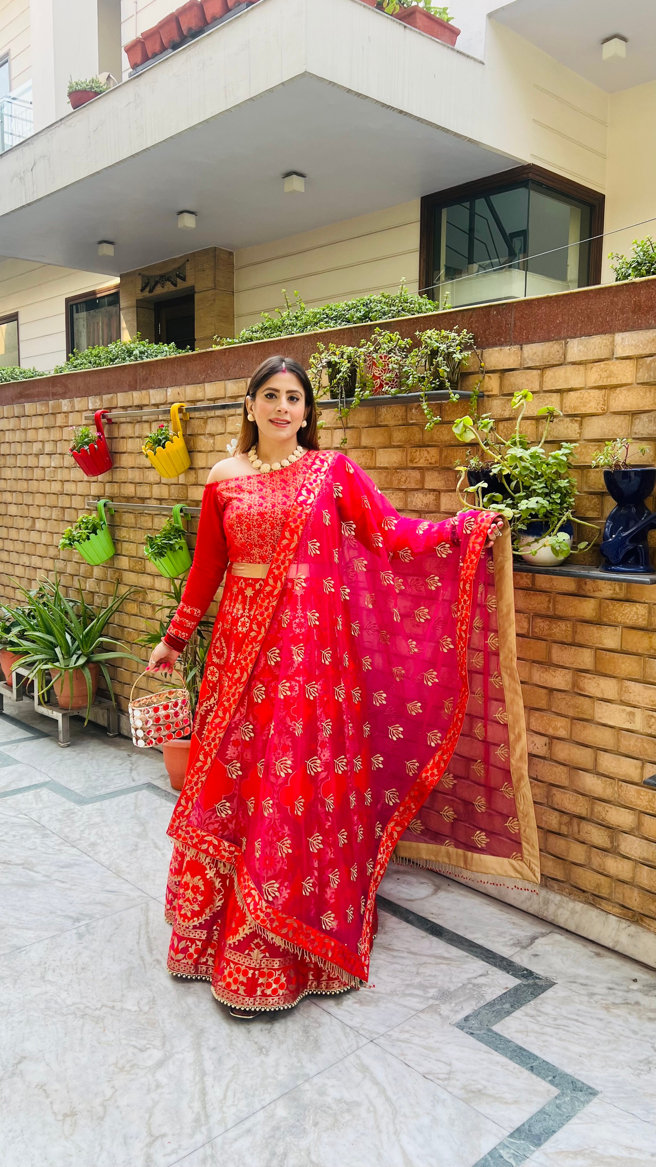 Red & Pink Banarasi Anarkali