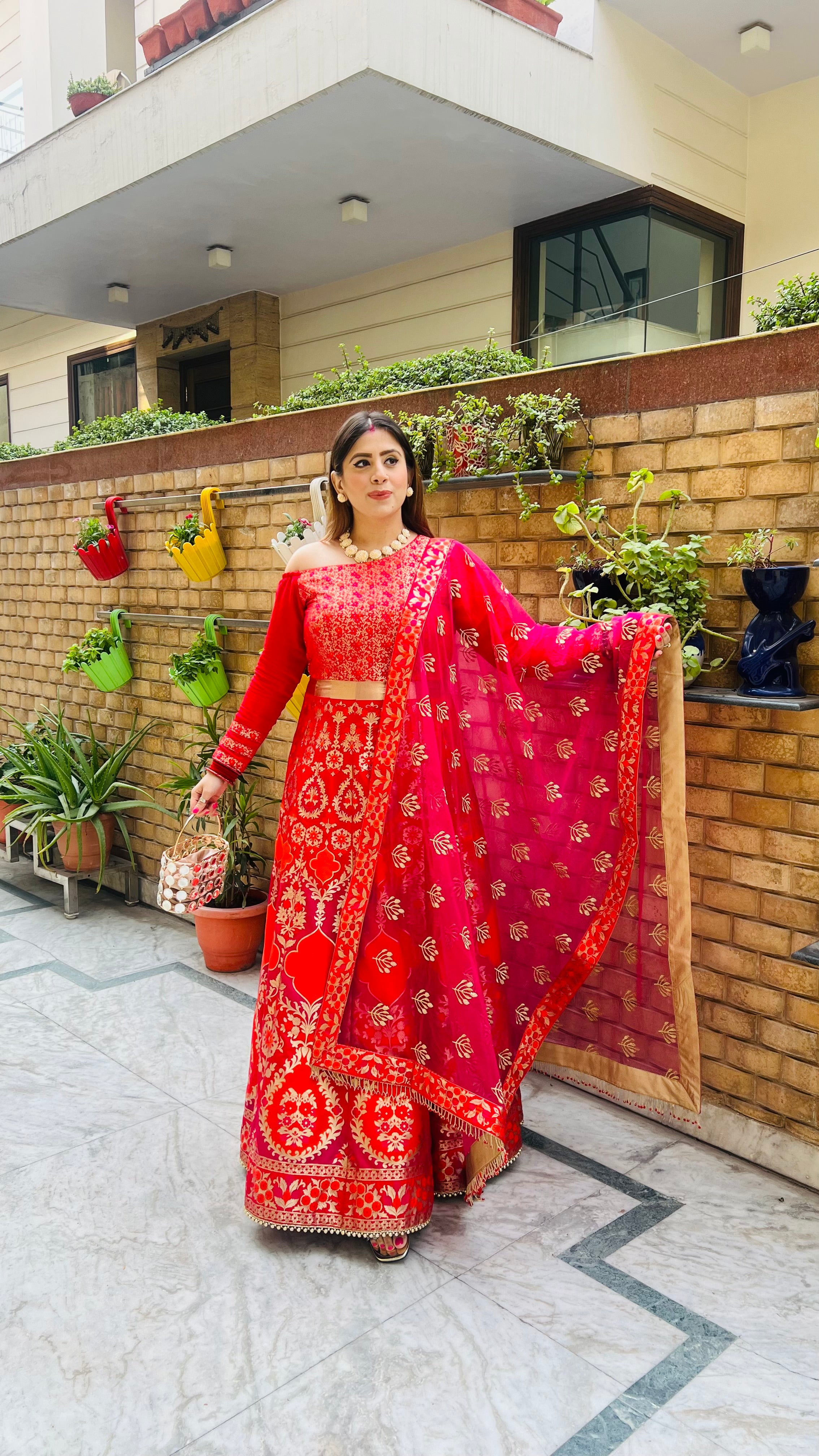 Red & Pink Banarasi Anarkali