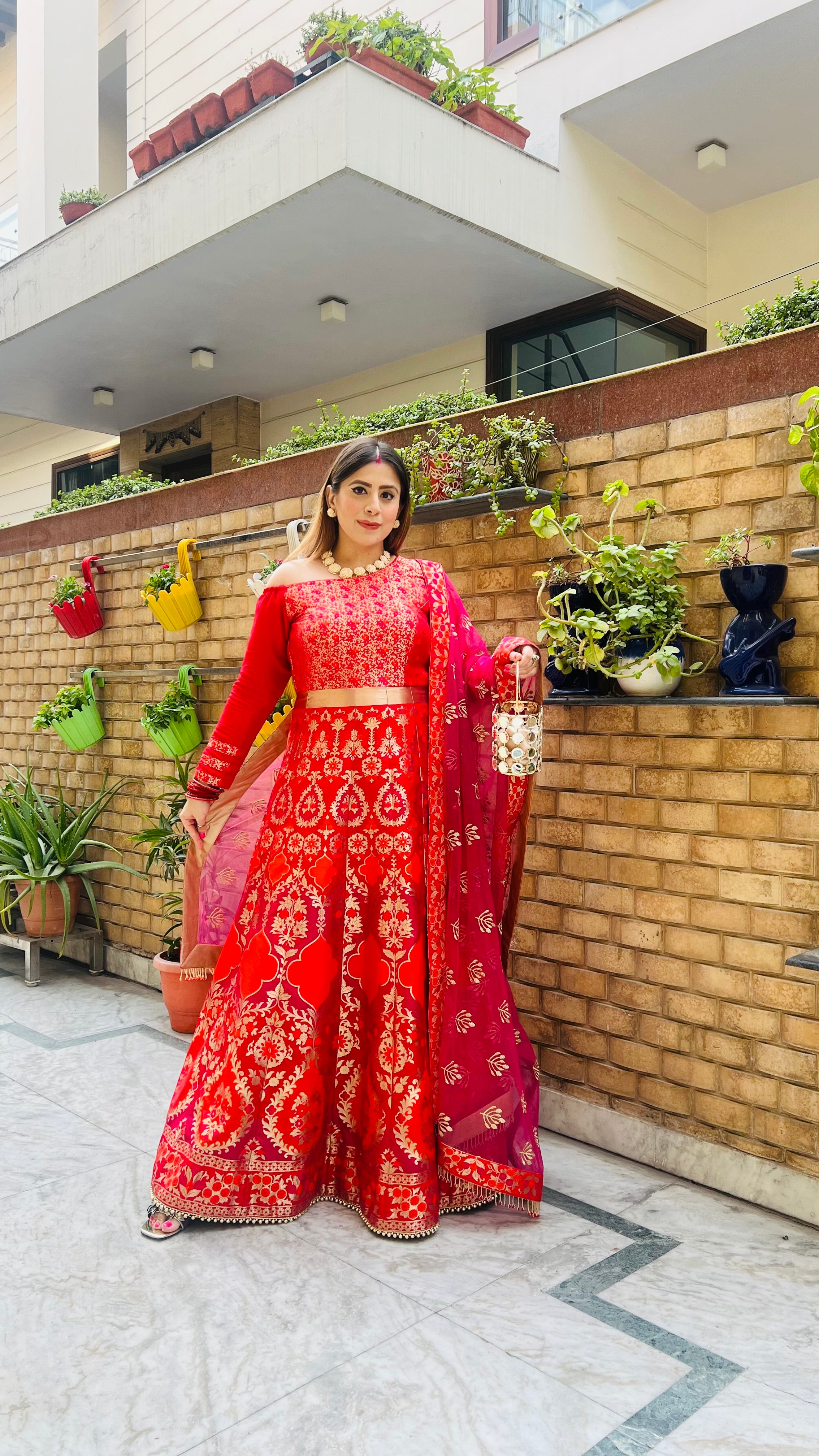 Red & Pink Banarasi Anarkali