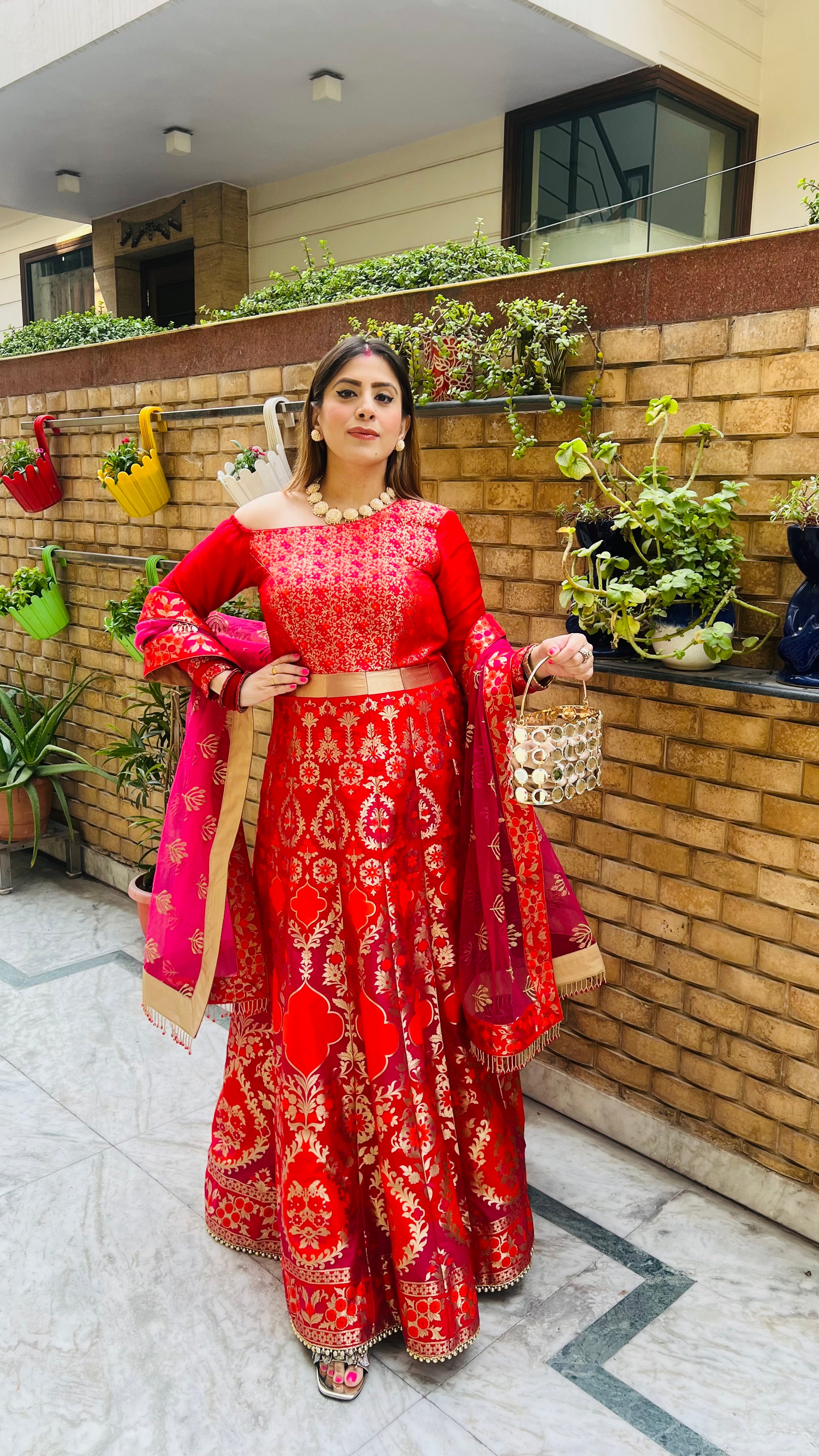 Red & Pink Banarasi Anarkali