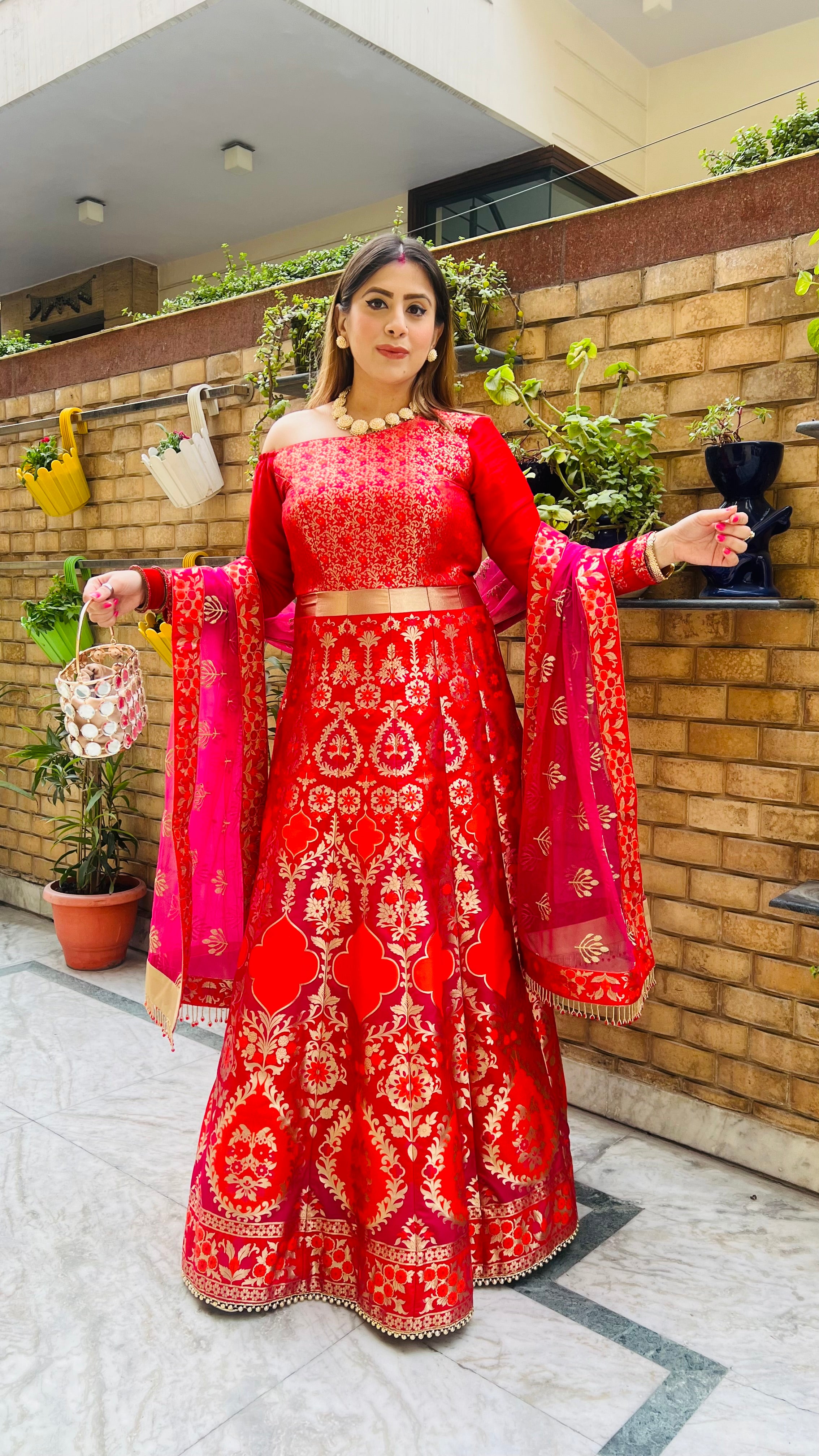 Red & Pink Banarasi Anarkali