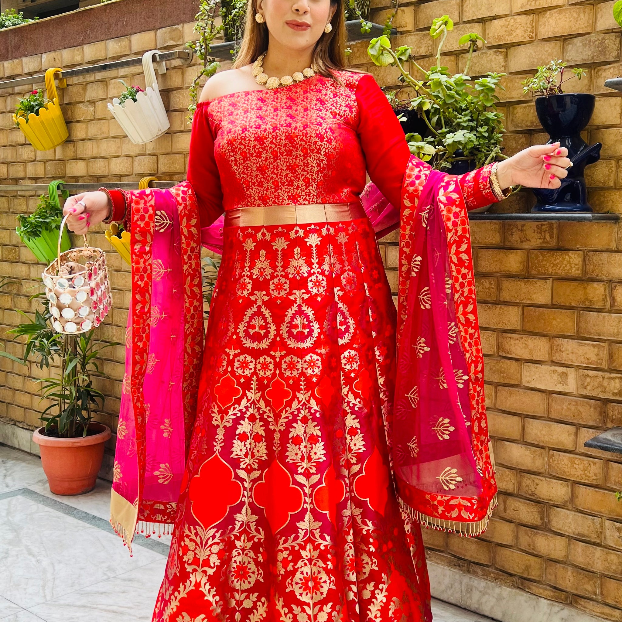 Red & Pink Banarasi Anarkali