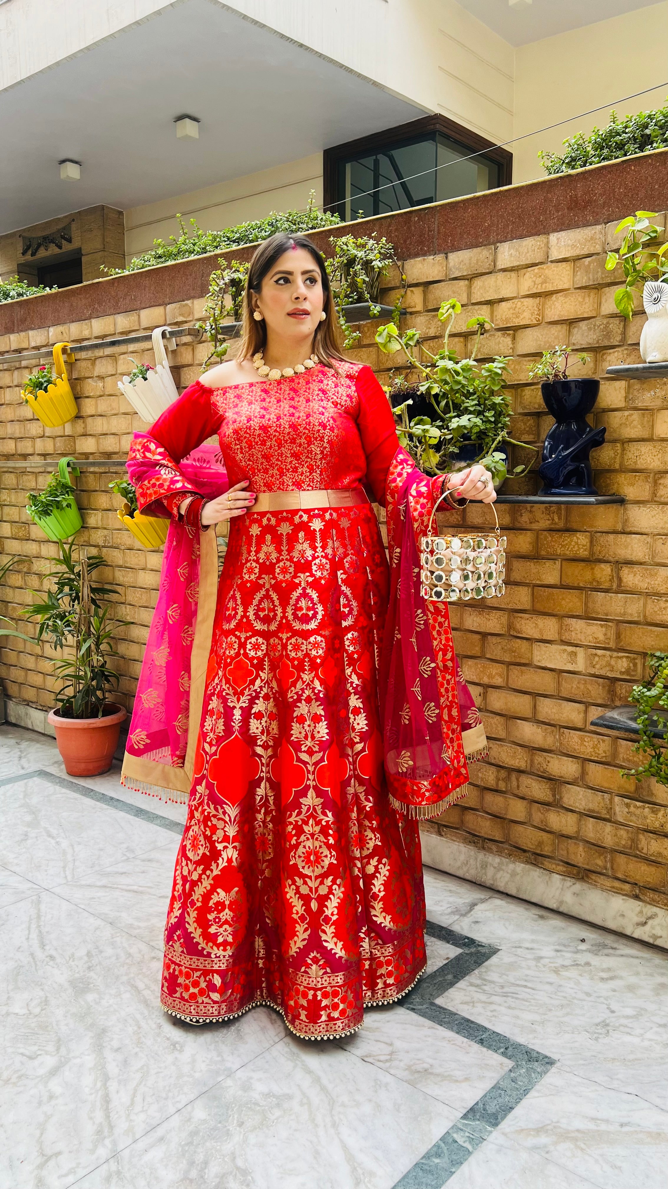 Red & Pink Banarasi Anarkali