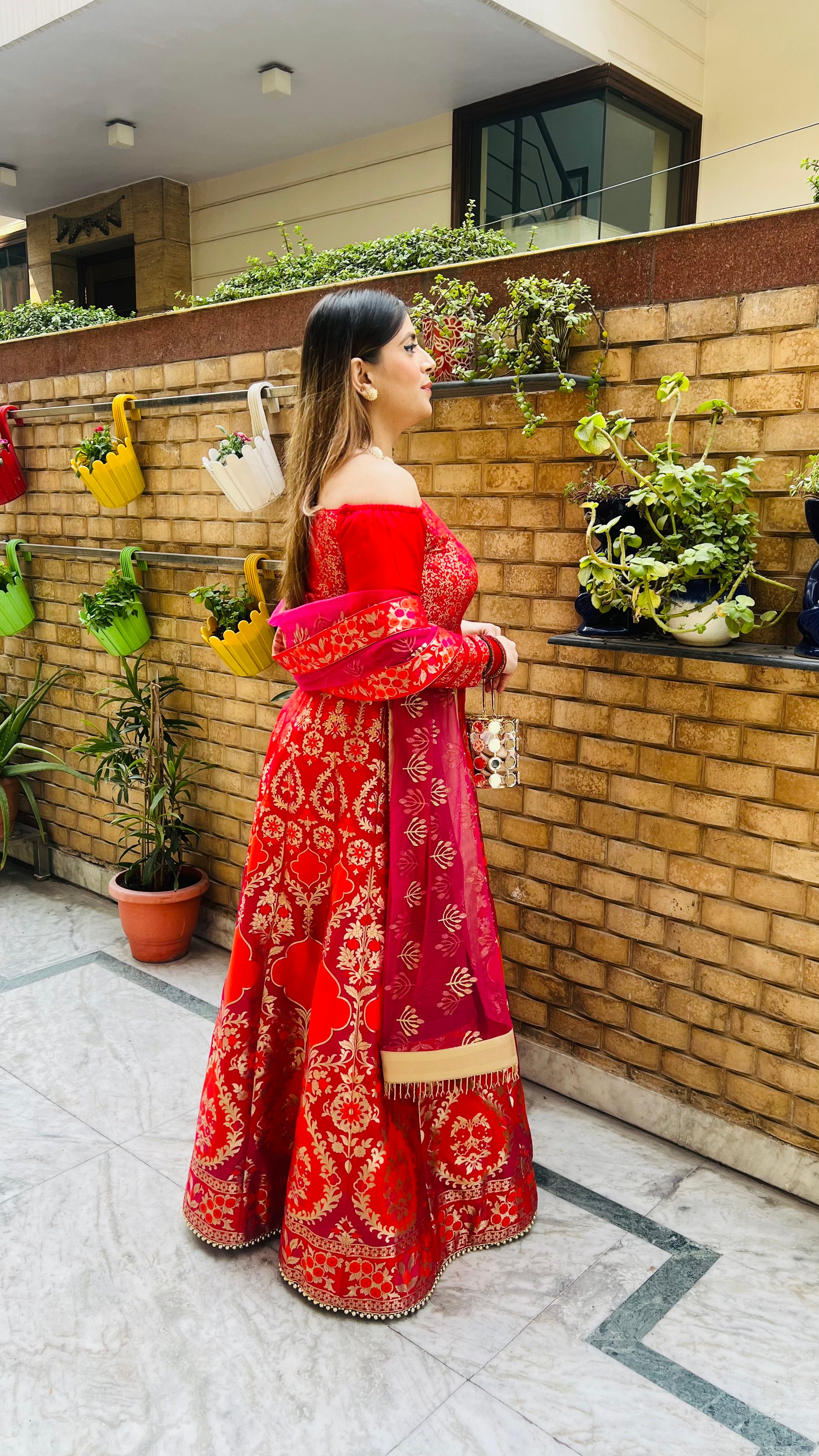 Red & Pink Banarasi Anarkali