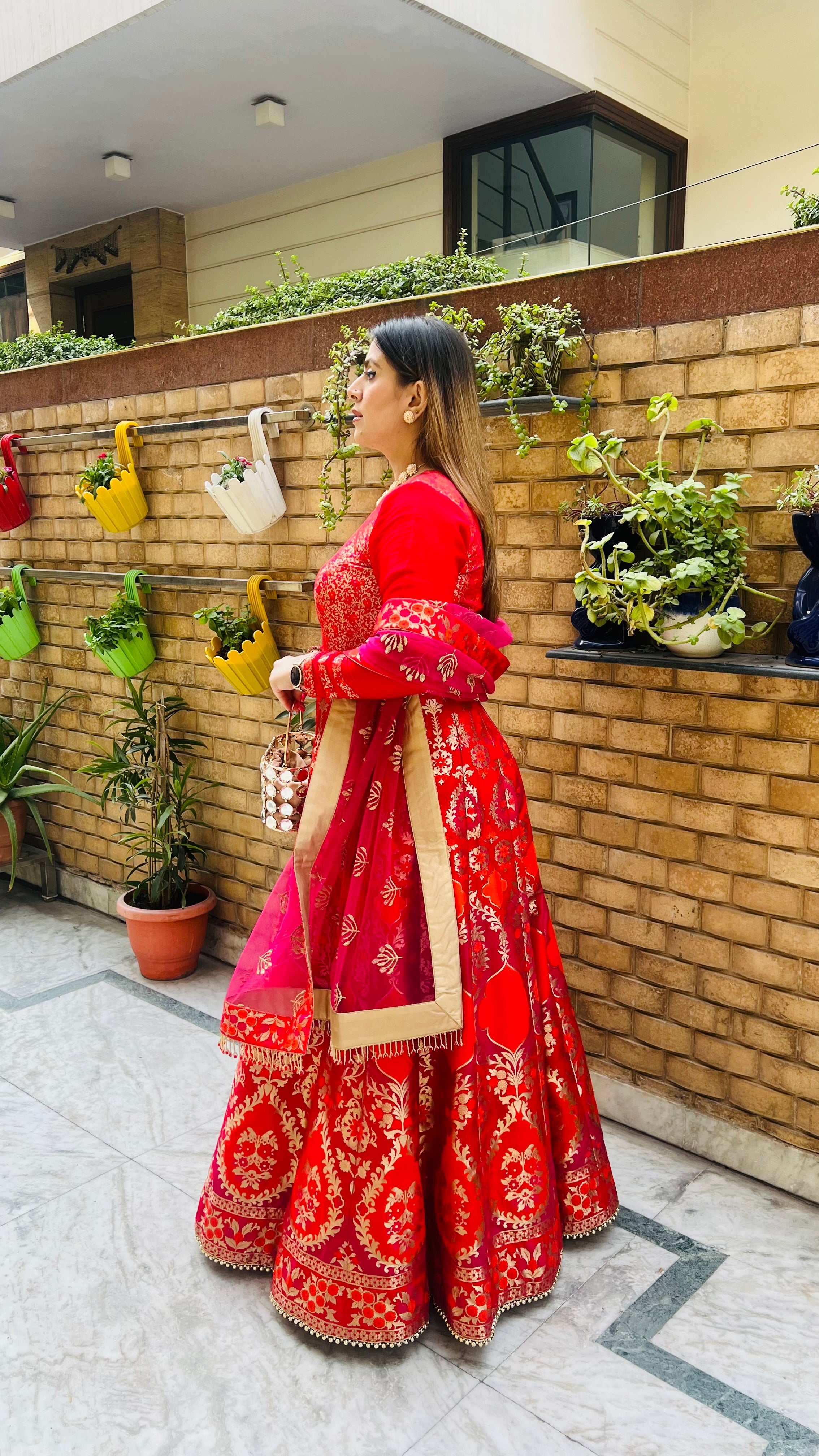 Red & Pink Banarasi Anarkali