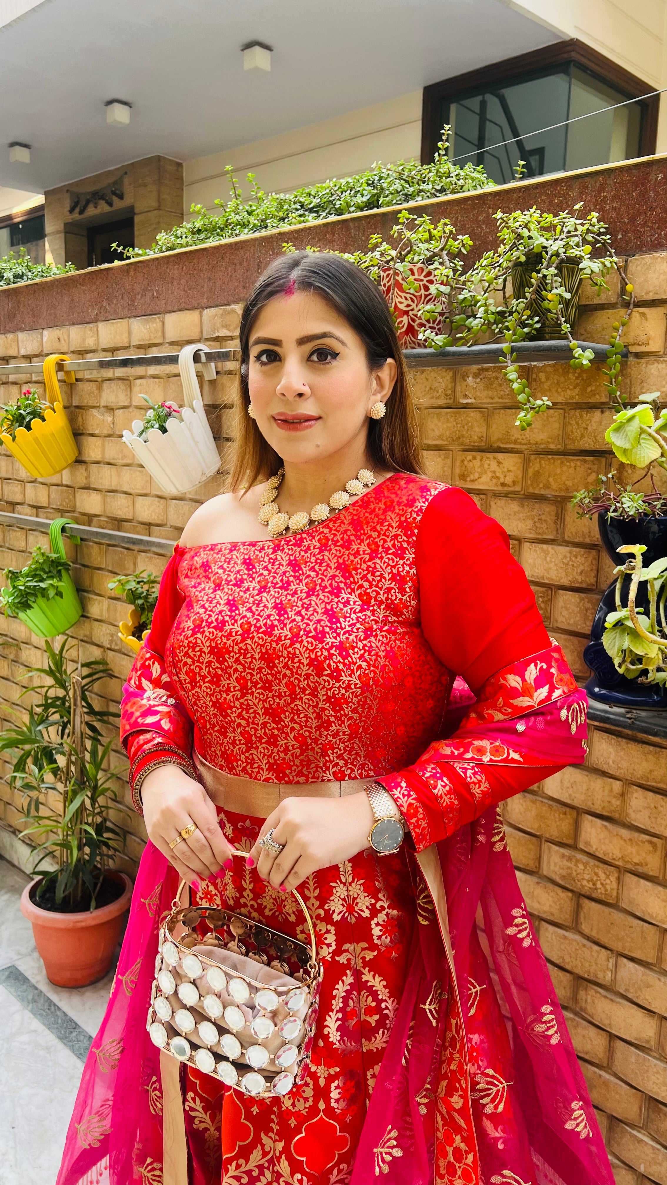 Red & Pink Banarasi Anarkali