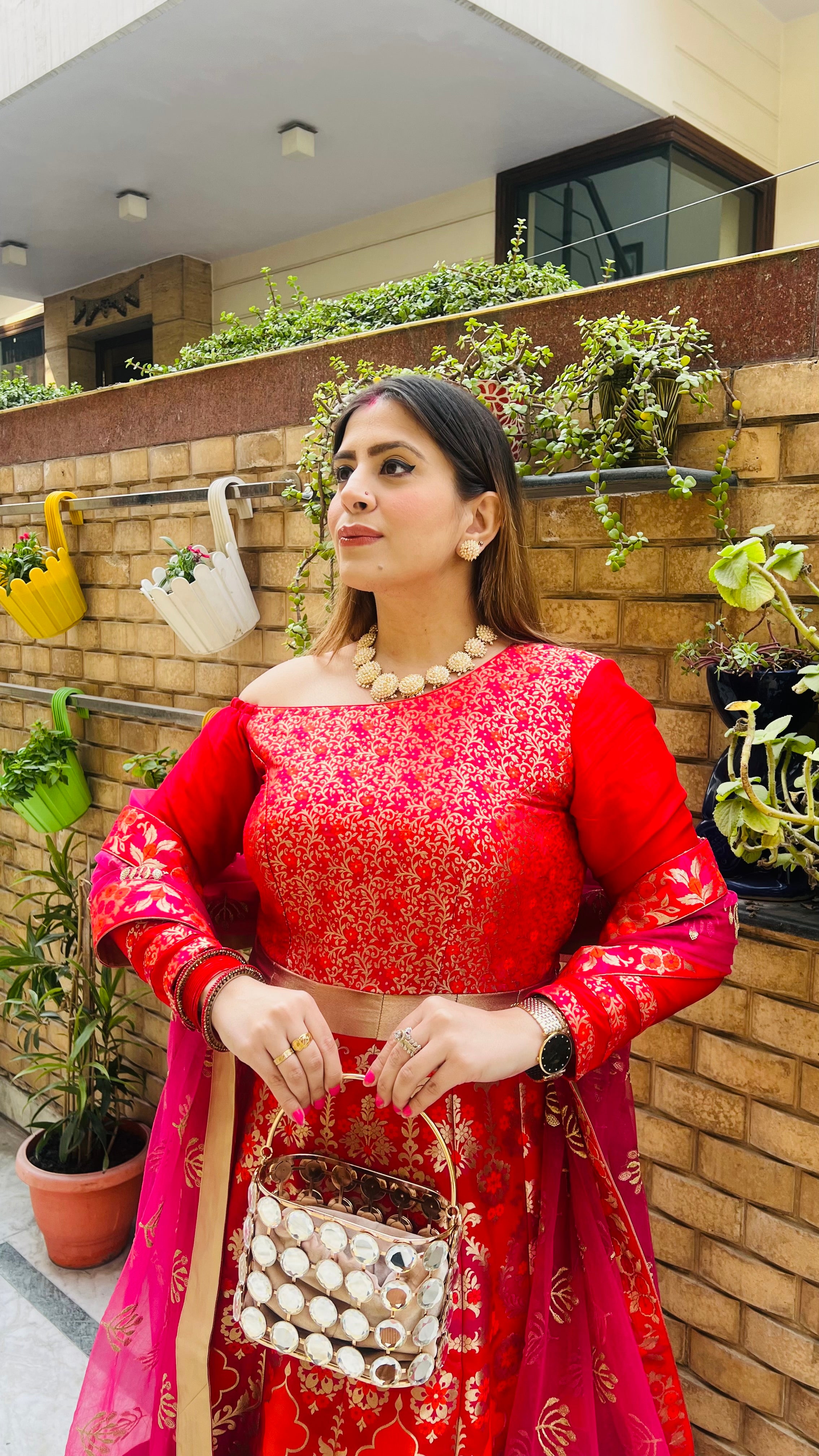 Red & Pink Banarasi Anarkali