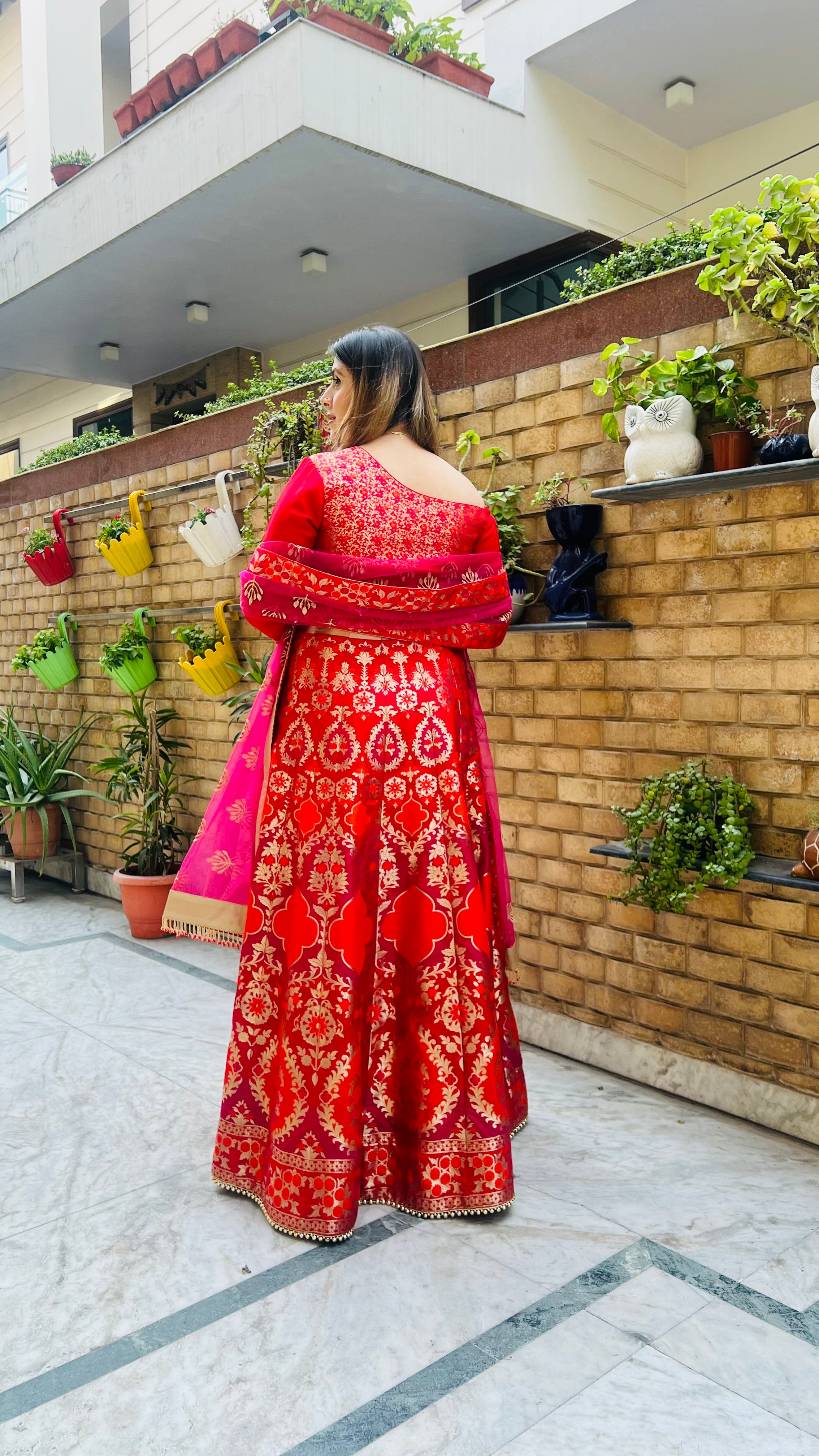 Red & Pink Banarasi Anarkali