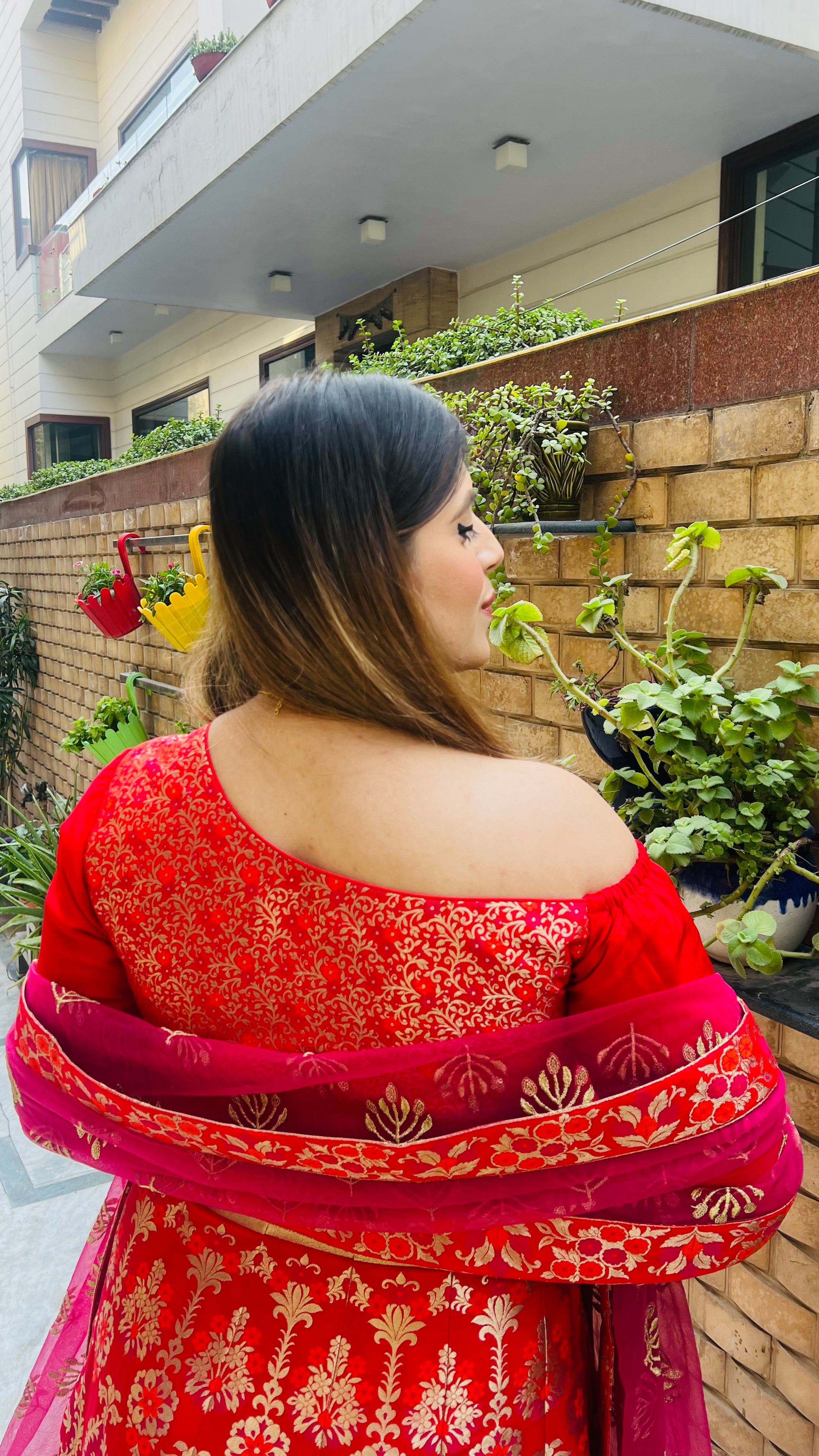 Red & Pink Banarasi Anarkali