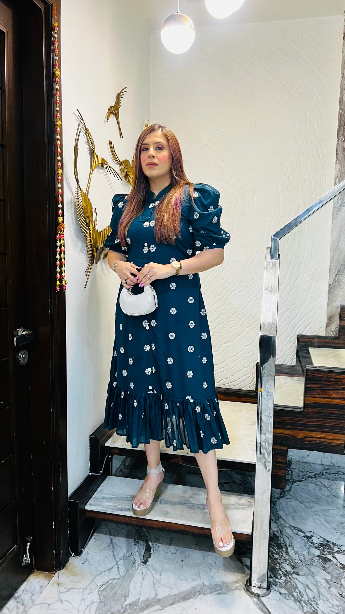 Peacock Embroidered Cotton Midi Dress