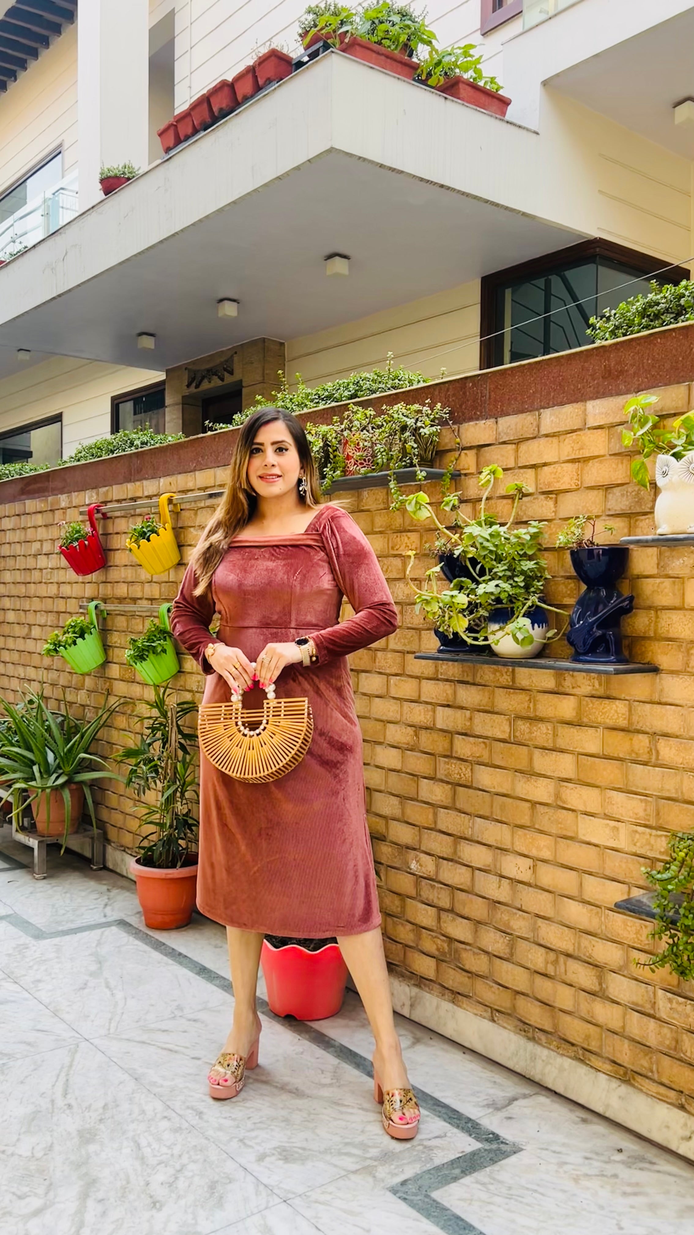 Peach Velvet Midi Dress