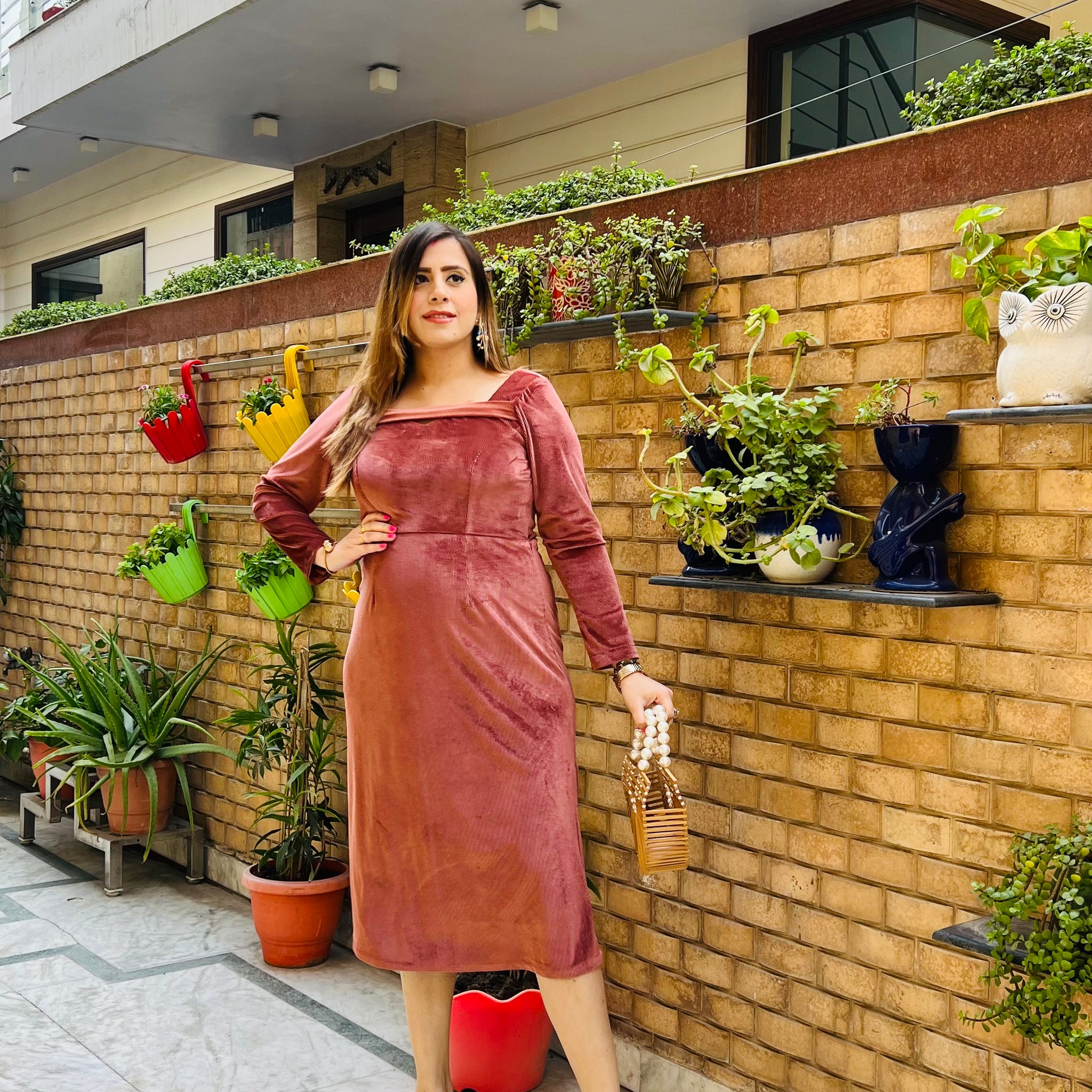 Peach Velvet Midi Dress