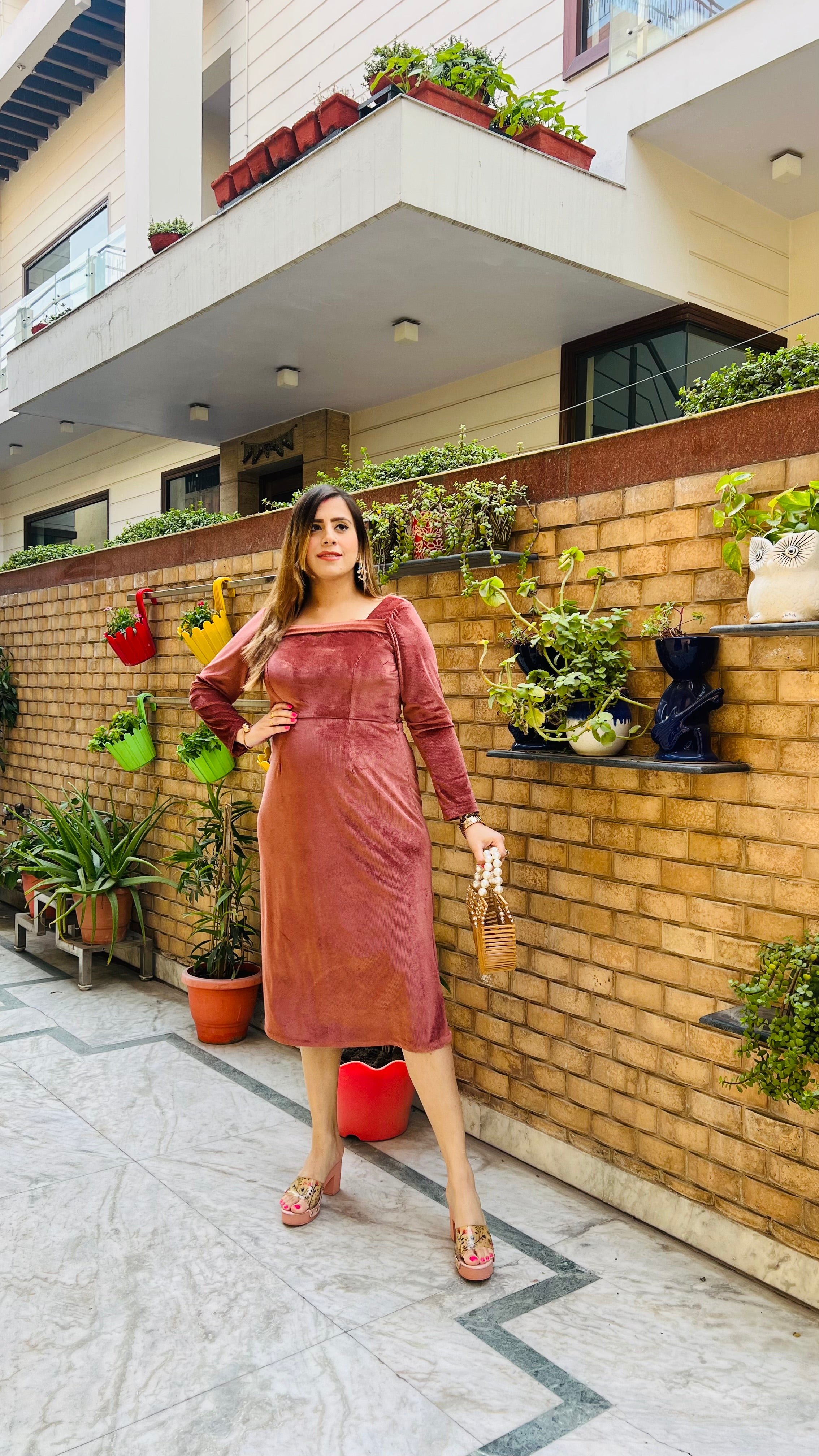 Peach Velvet Midi Dress