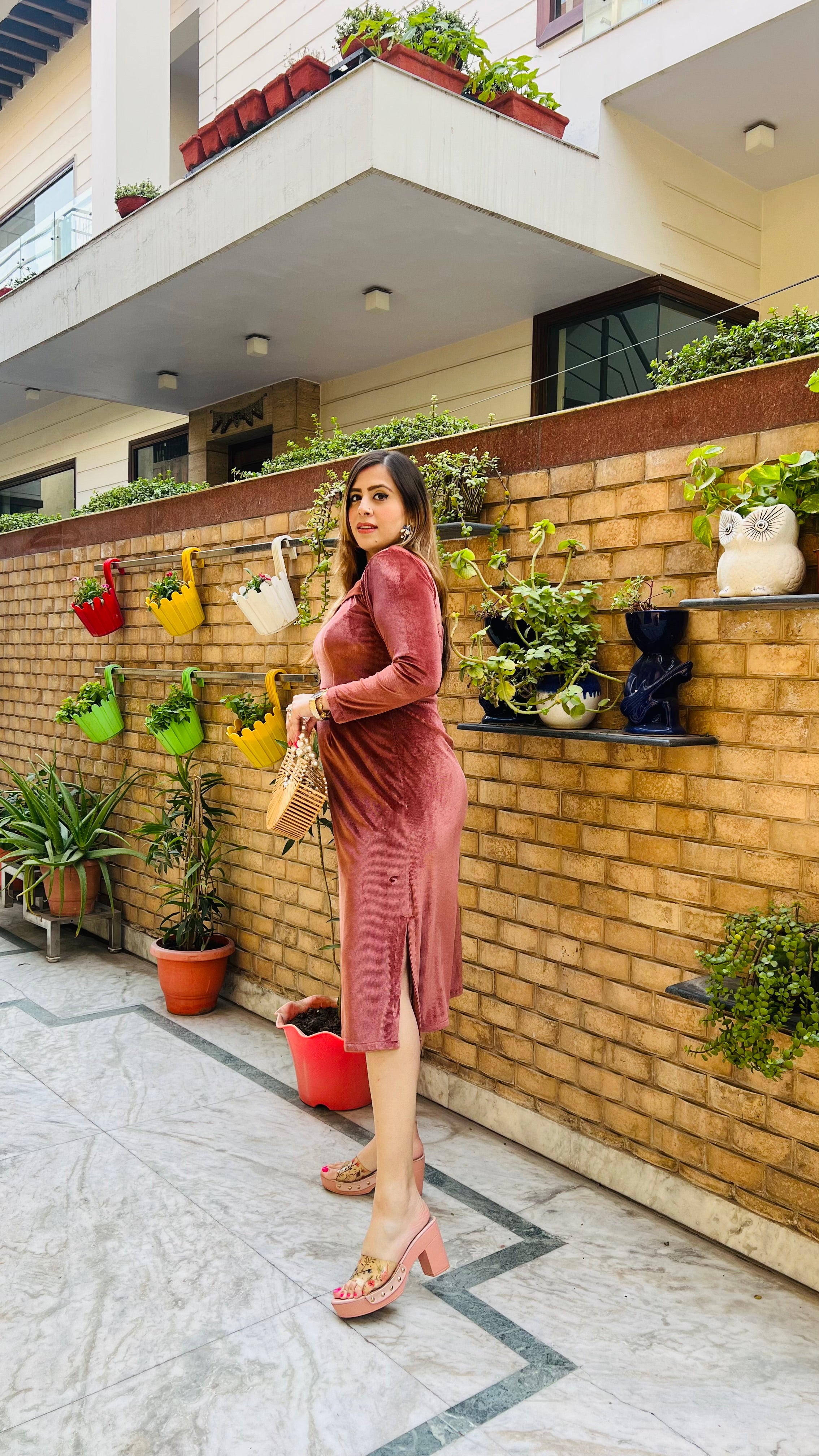 Peach Velvet Midi Dress