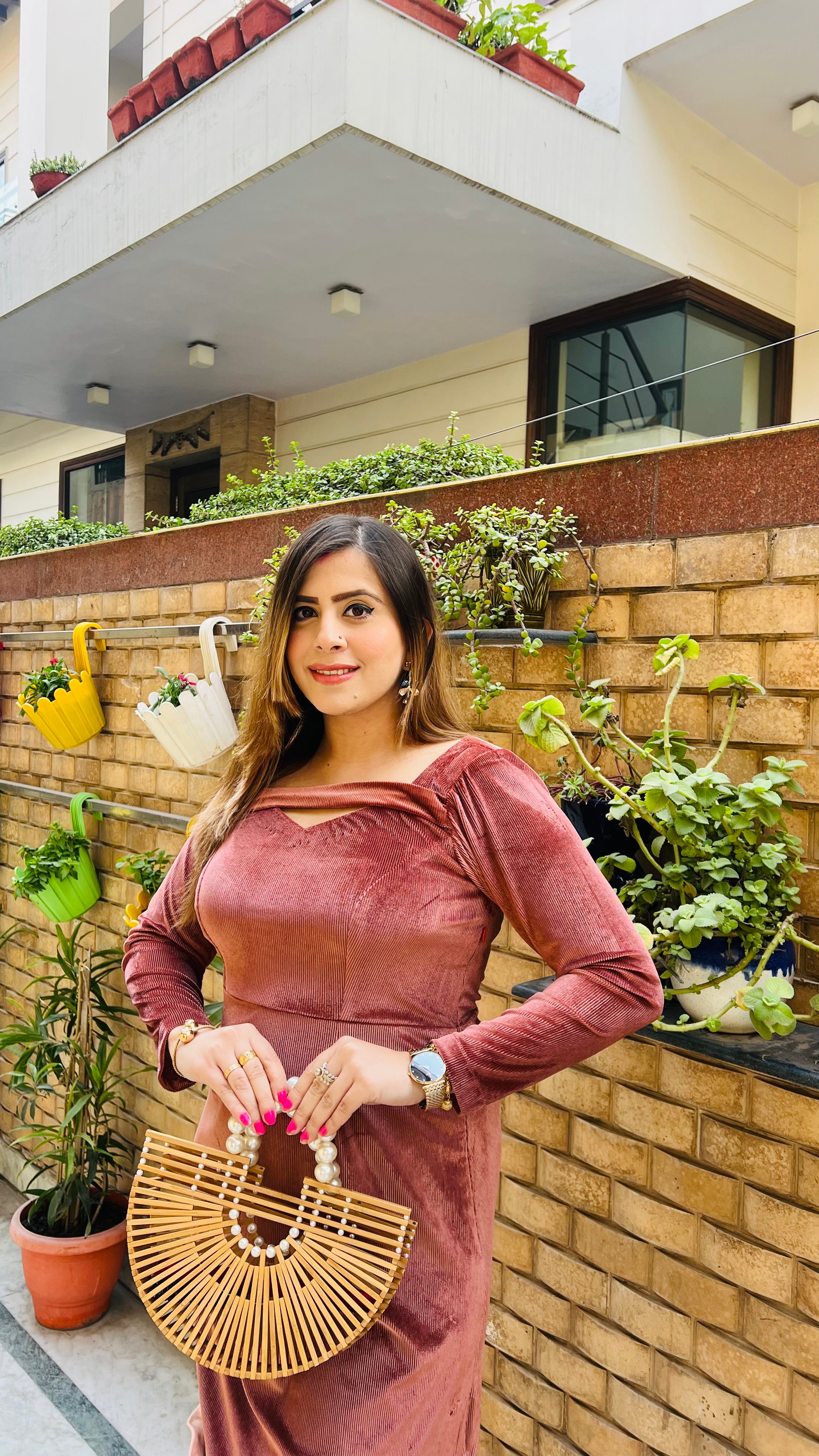 Peach Velvet Midi Dress