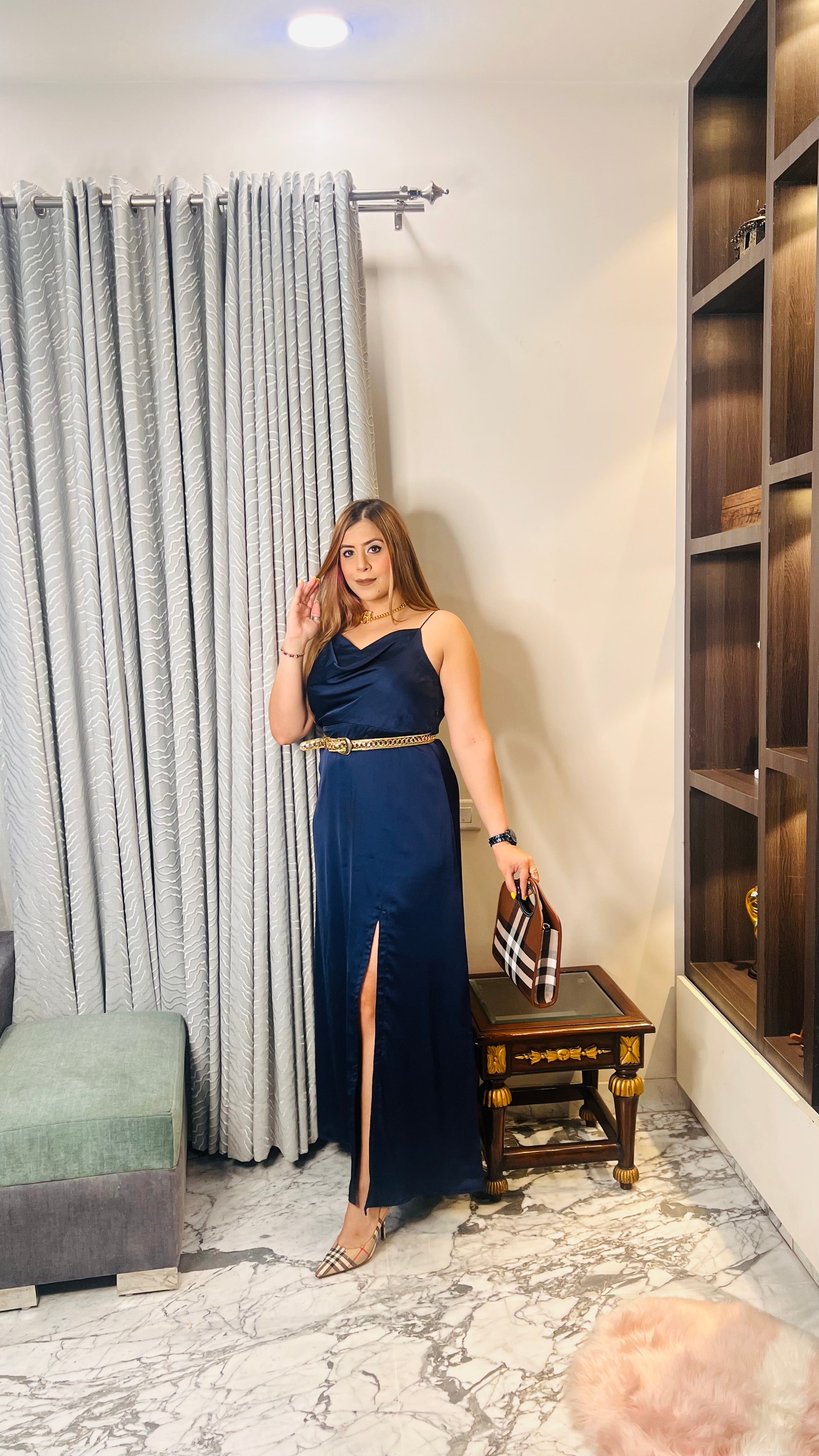 Glossy Navy Blue Cowl Drape