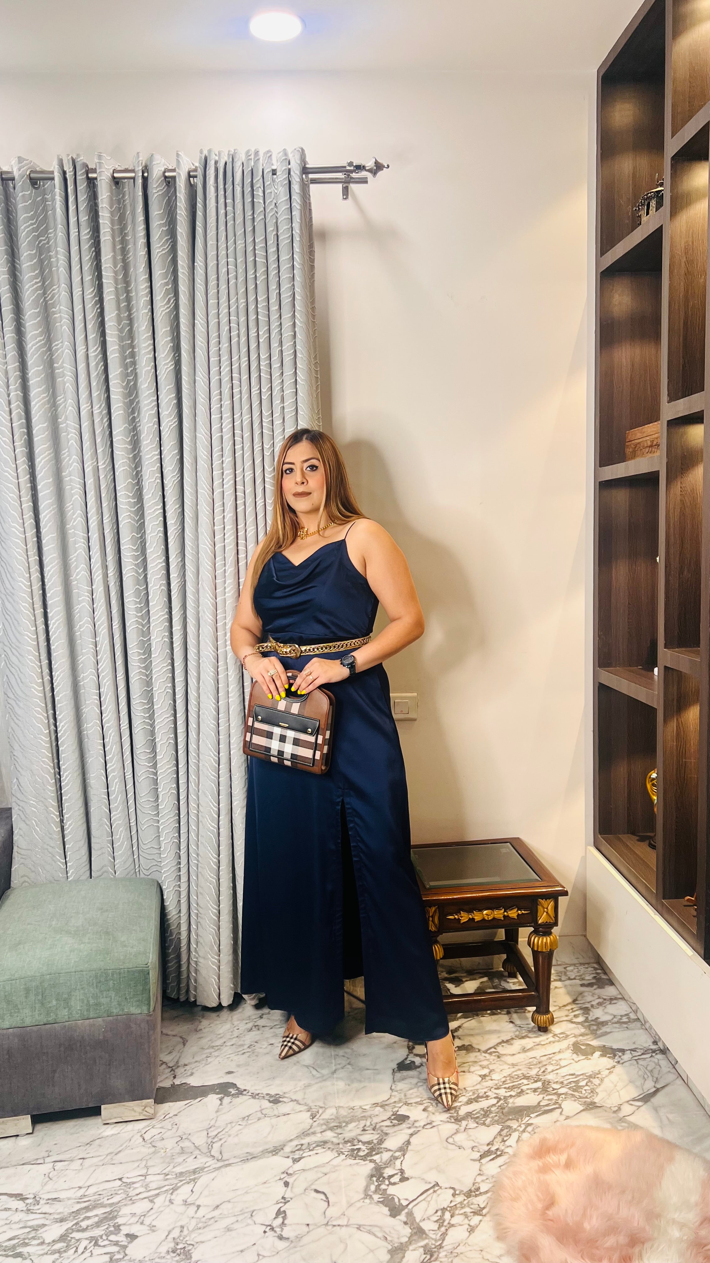 Glossy Navy Blue Cowl Drape