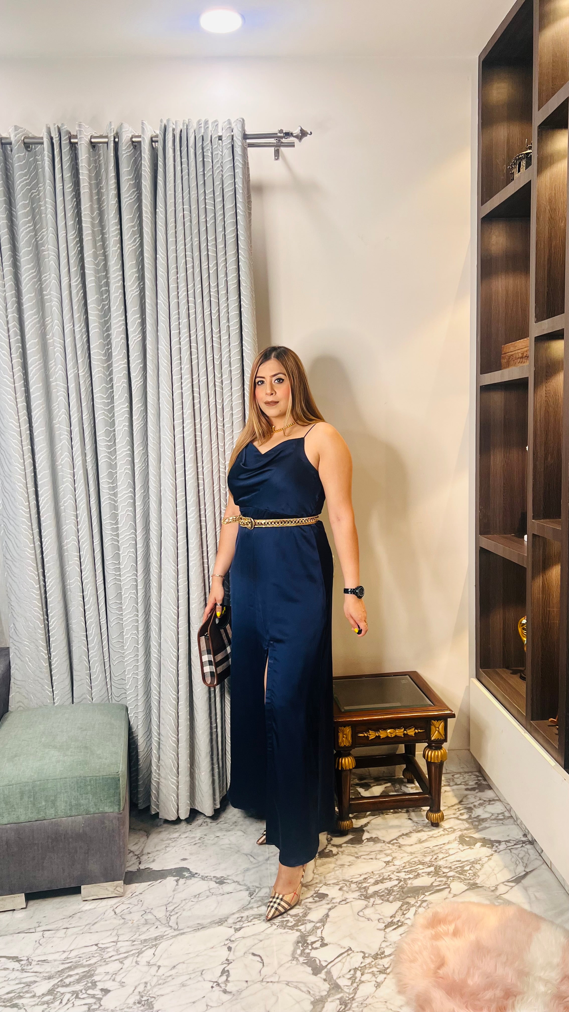 Glossy Navy Blue Cowl Drape