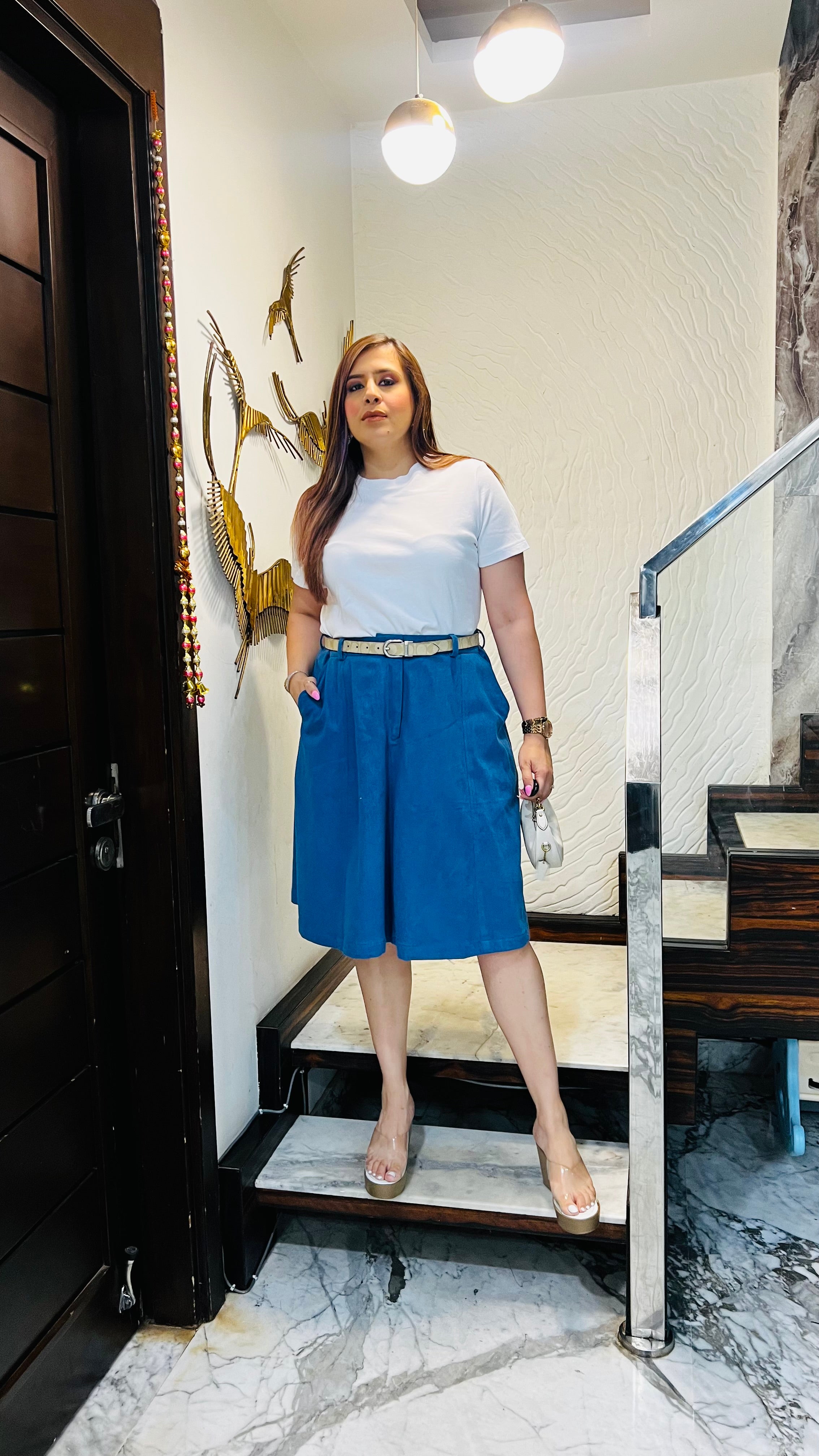 Girl in Denim Midi Skirt