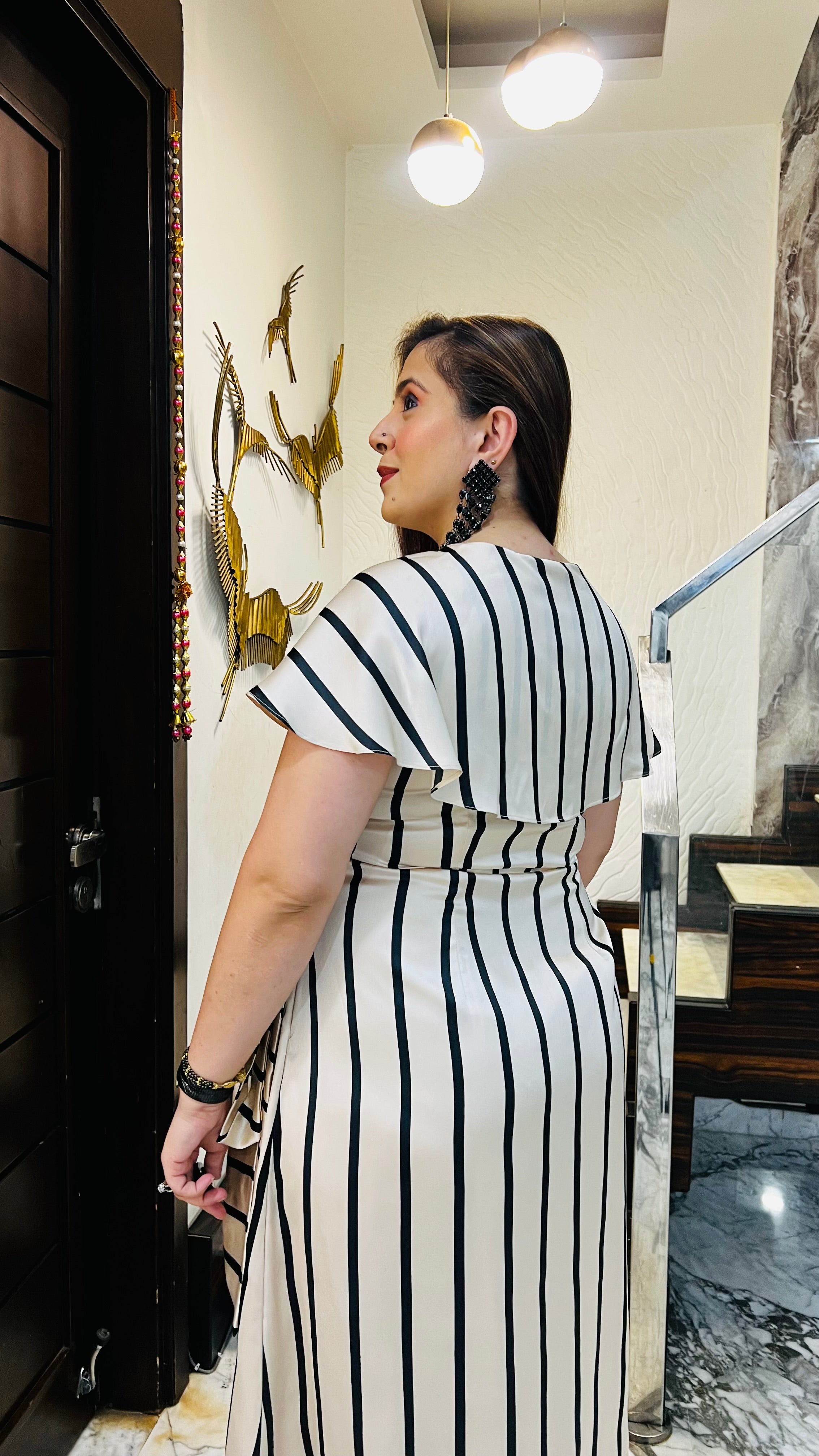 Beige Stripes Drape Midi