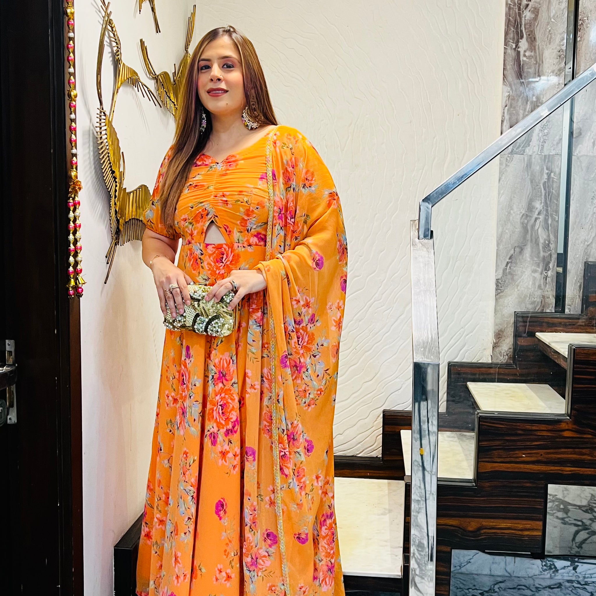 Orange Floral Print On Print Anarkali