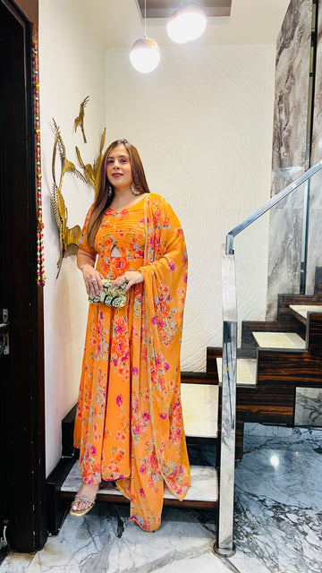 Orange Floral Print On Print Anarkali