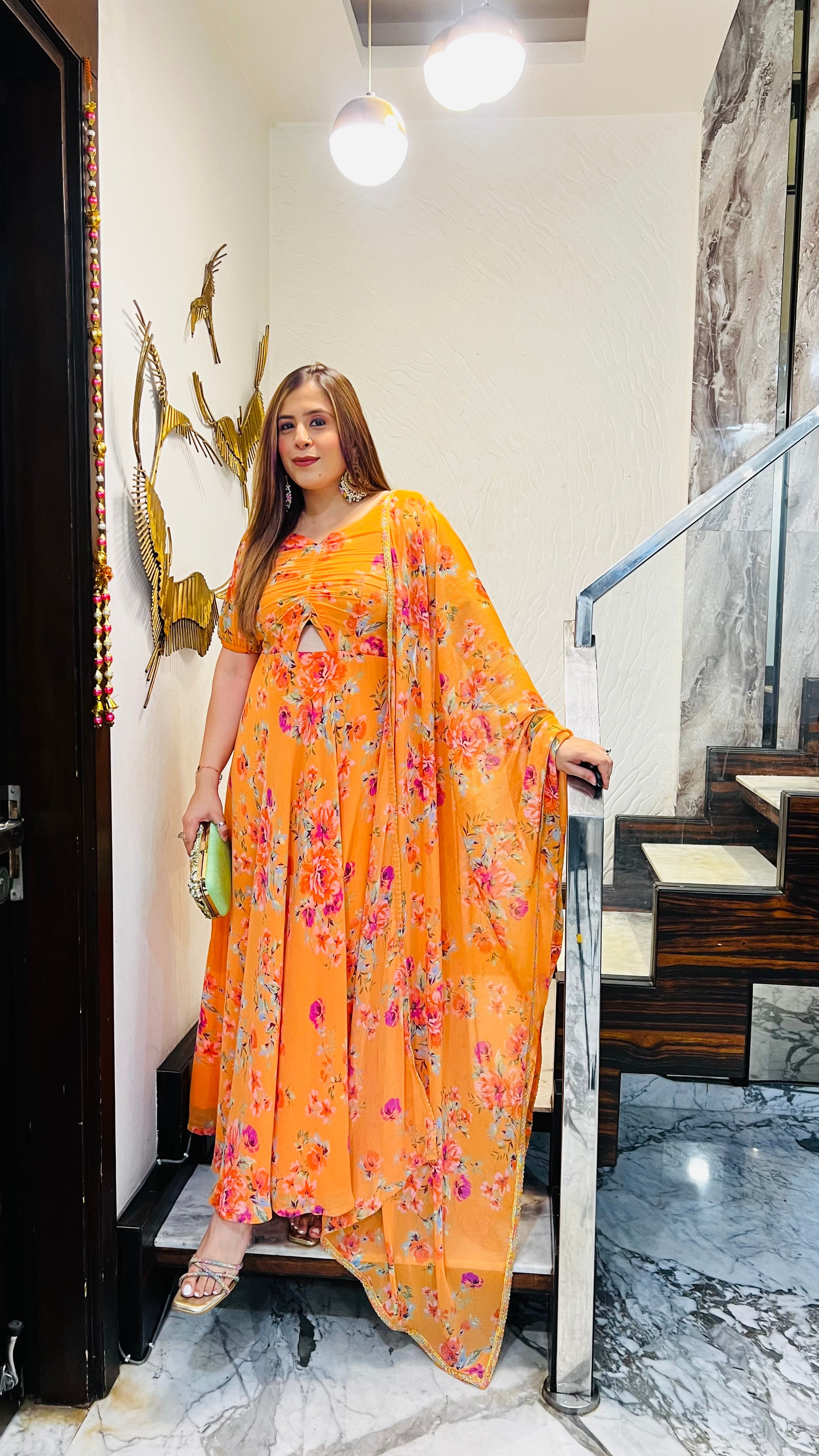 Orange Floral Print On Print Anarkali