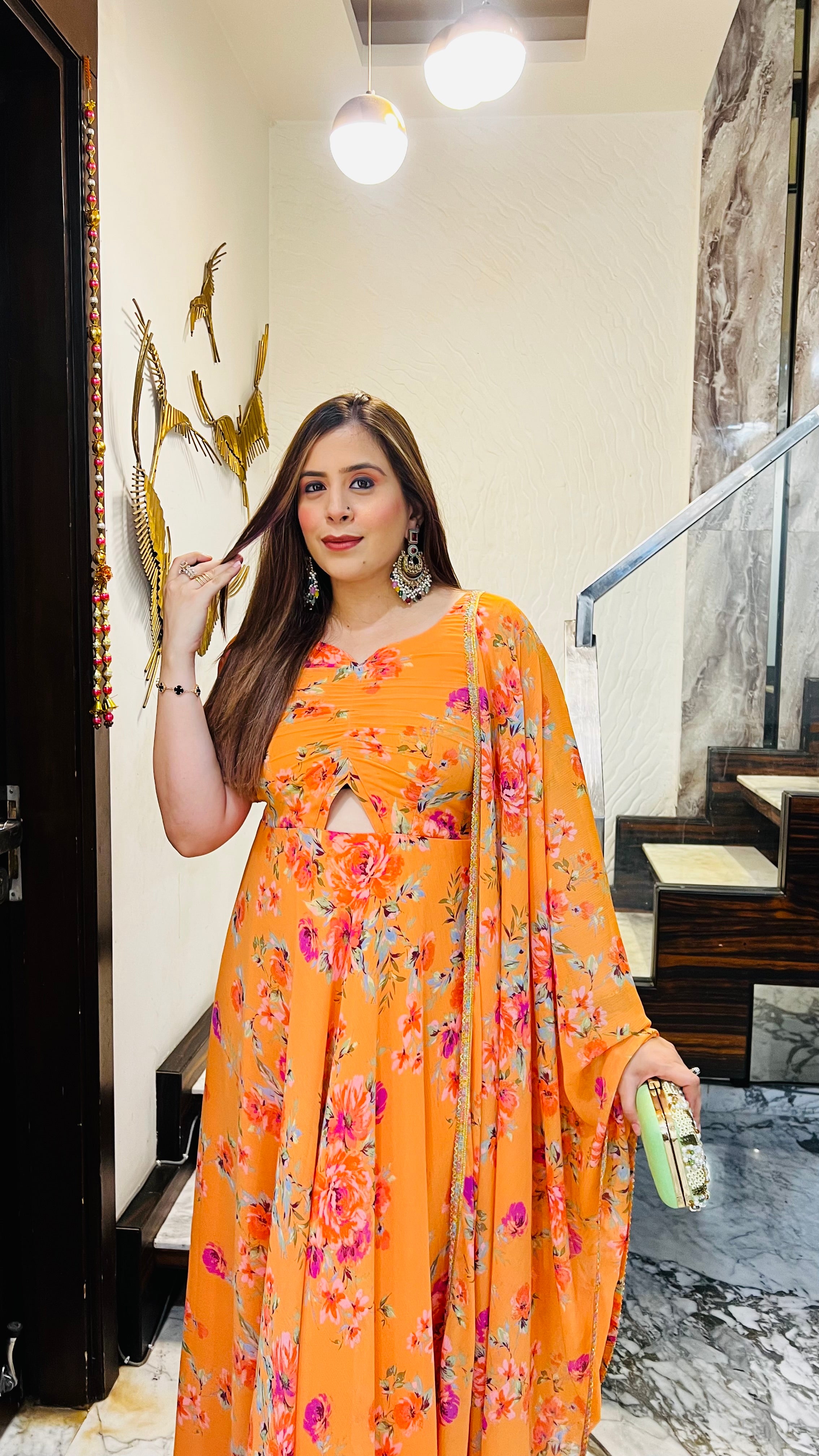 Orange Floral Print On Print Anarkali