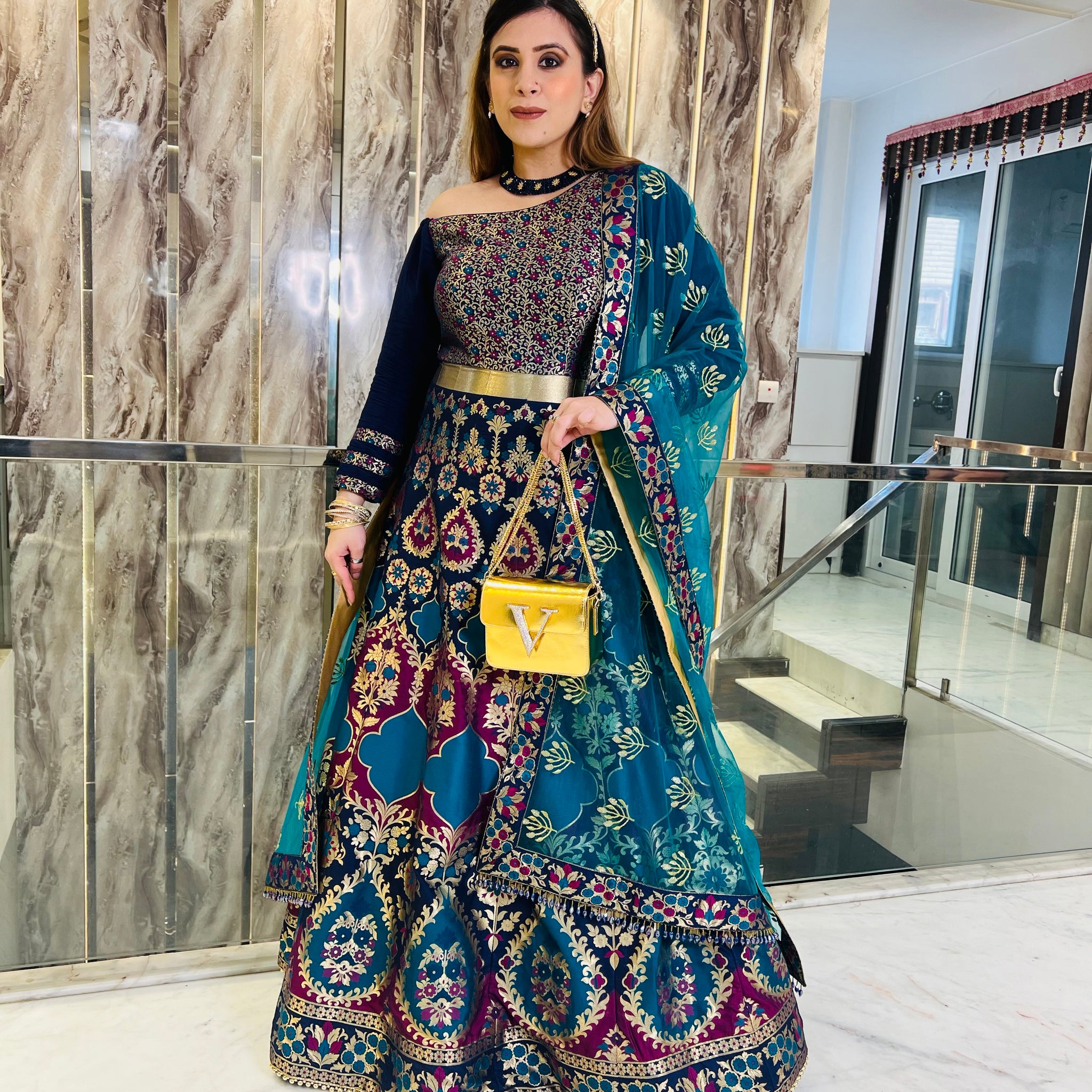 Blue Teal Banarasi Anarkali