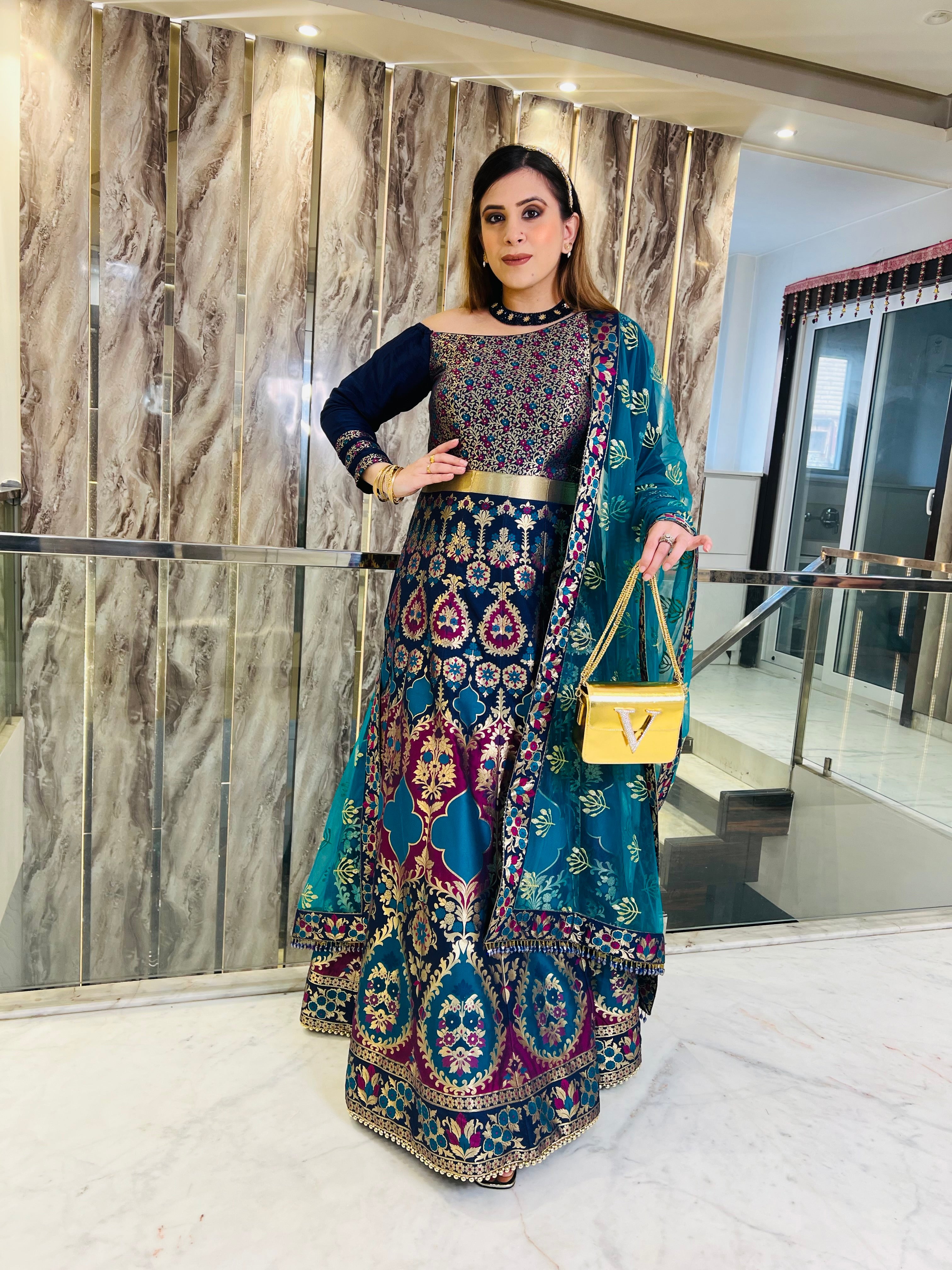 Blue Teal Banarasi Anarkali