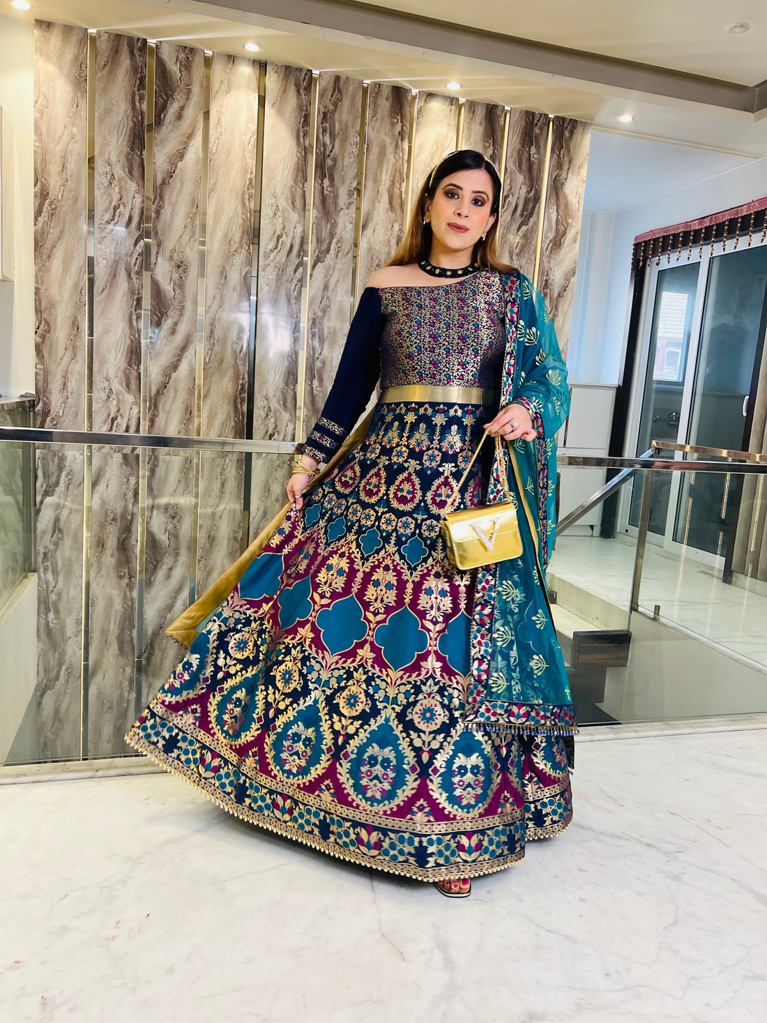 Blue Teal Banarasi Anarkali